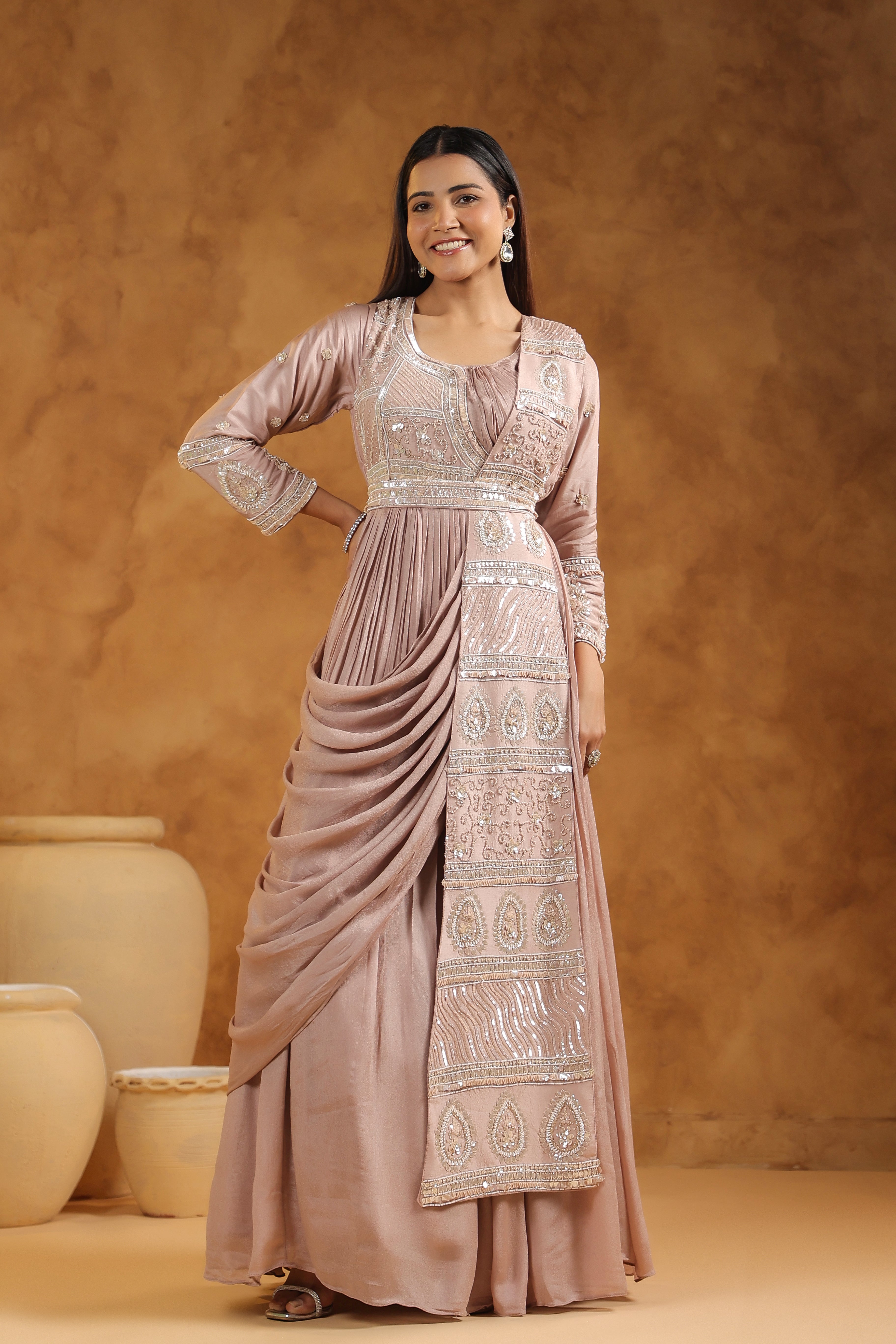 Mauve Pink Embellished Chinon Silk Gown