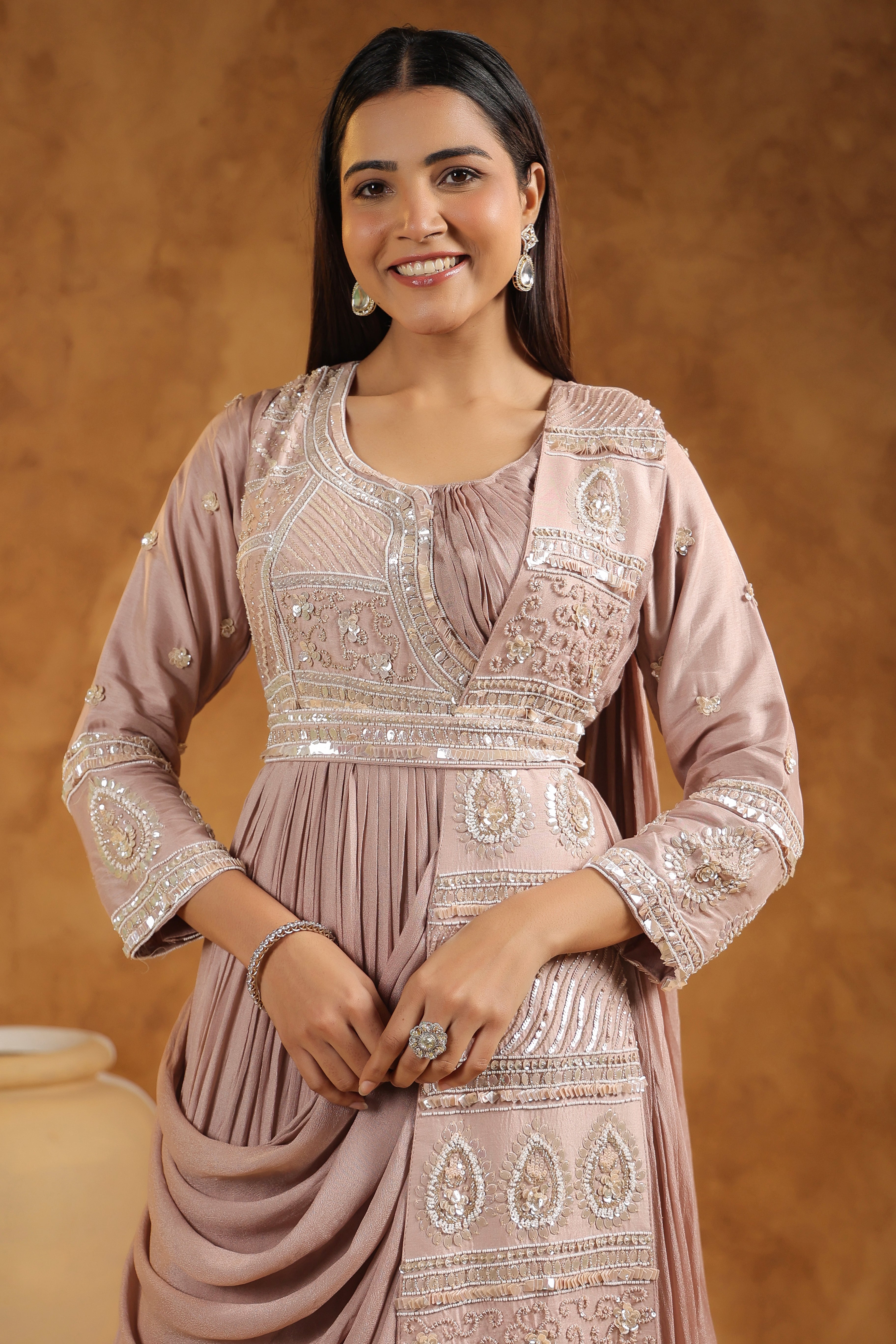 Mauve Pink Embellished Chinon Silk Gown