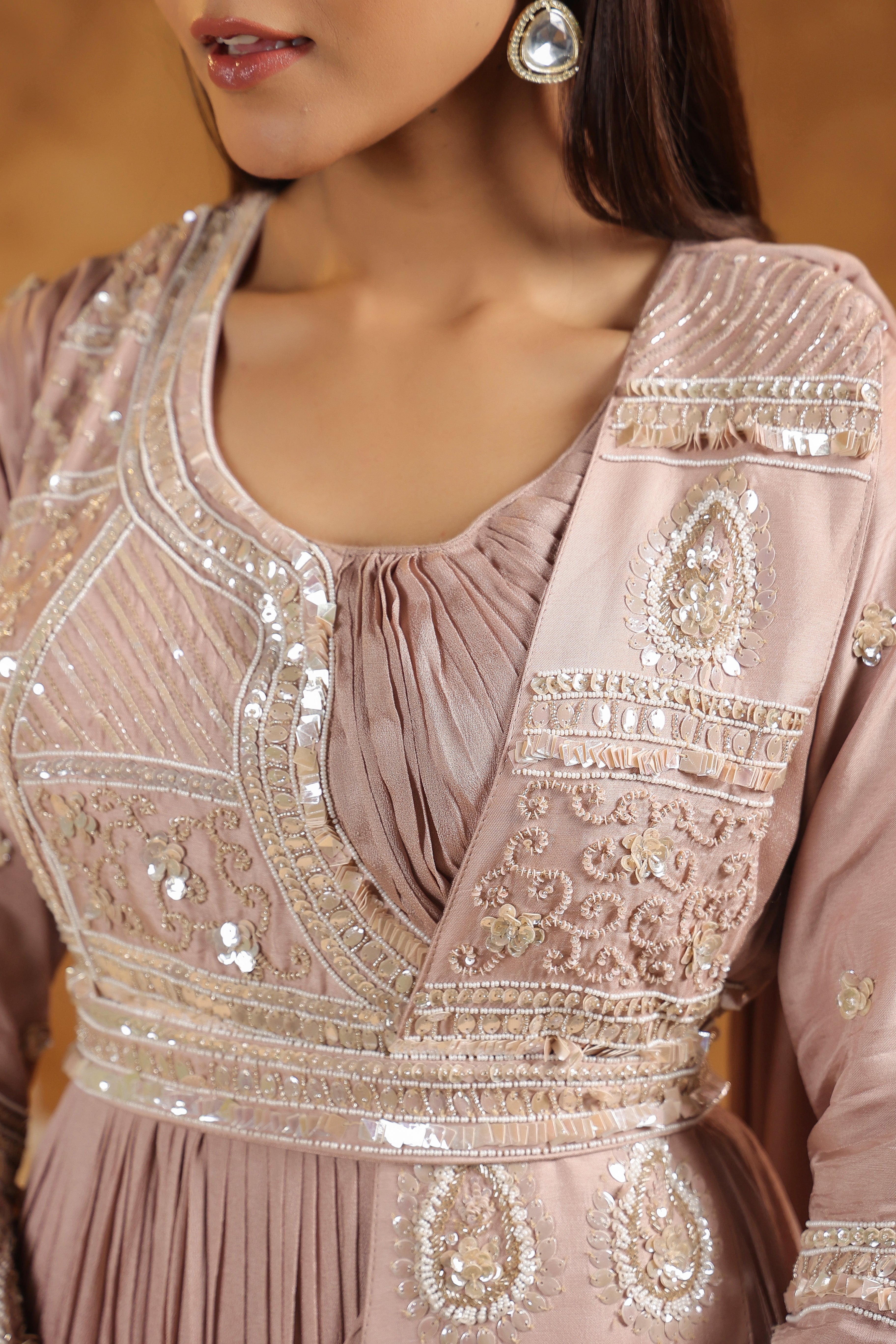 Mauve Pink Embellished Chinon Silk Gown