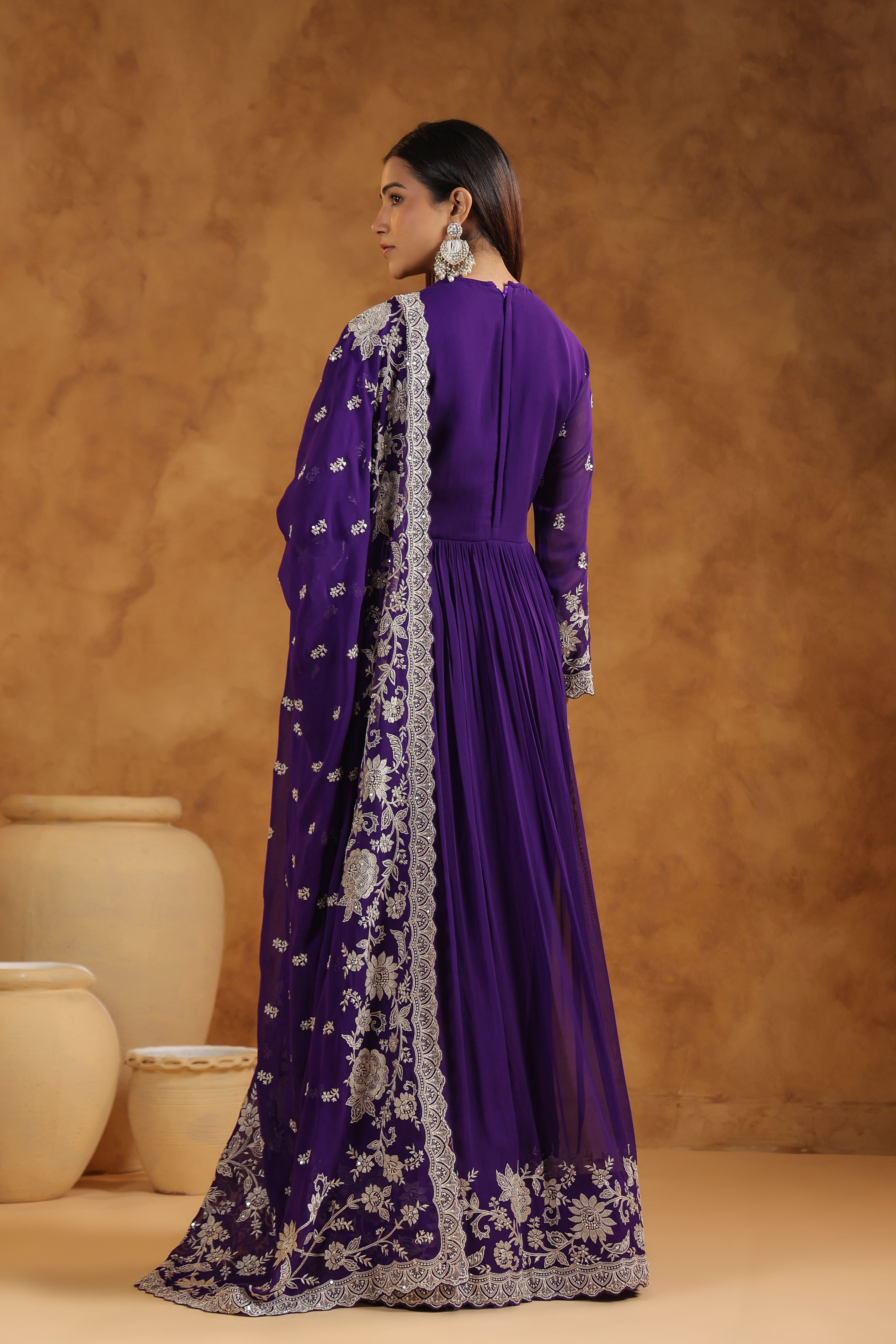 Royal Purple Embellished Georgette Silk Anarkali Set