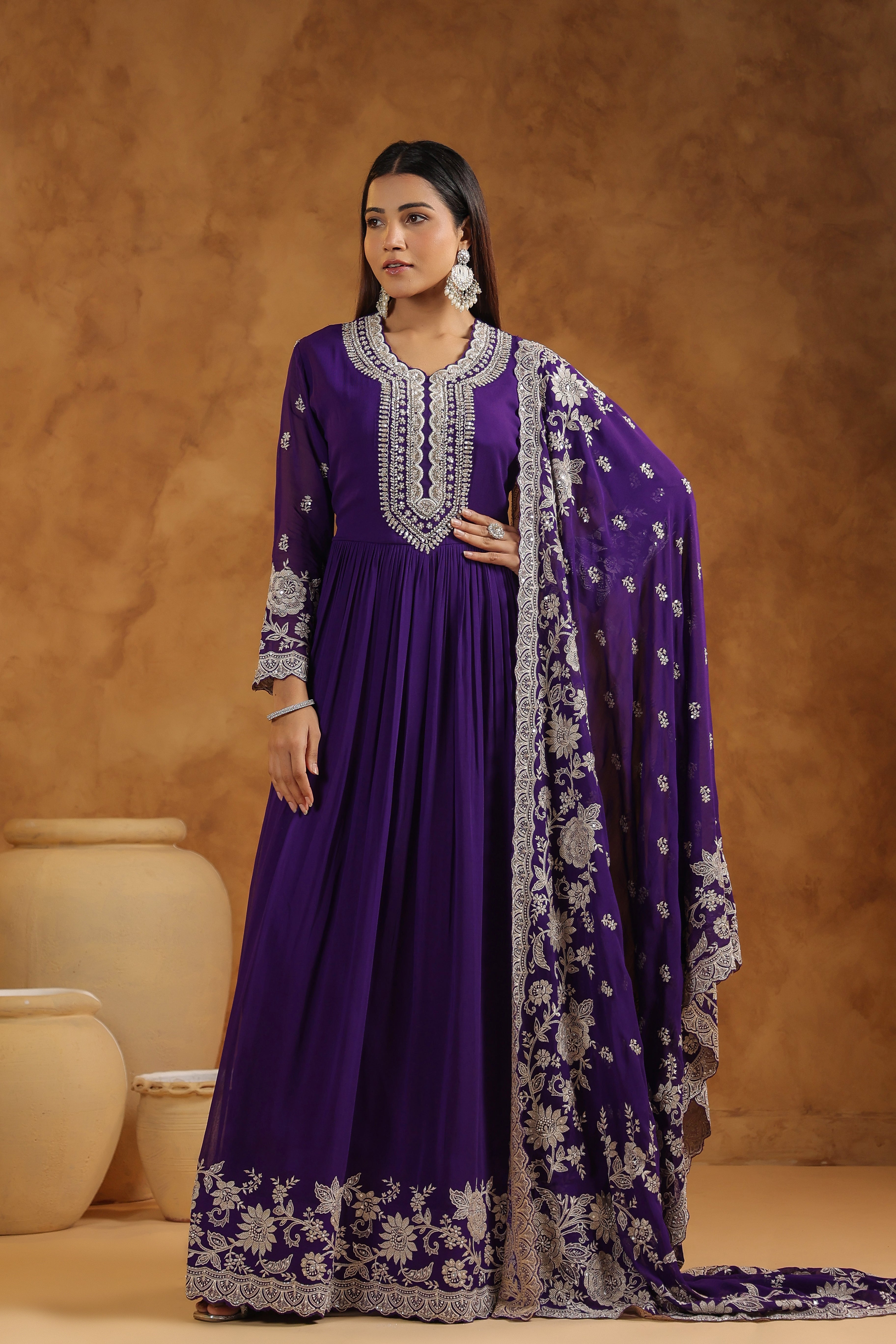 Royal Purple Embellished Georgette Silk Anarkali Set