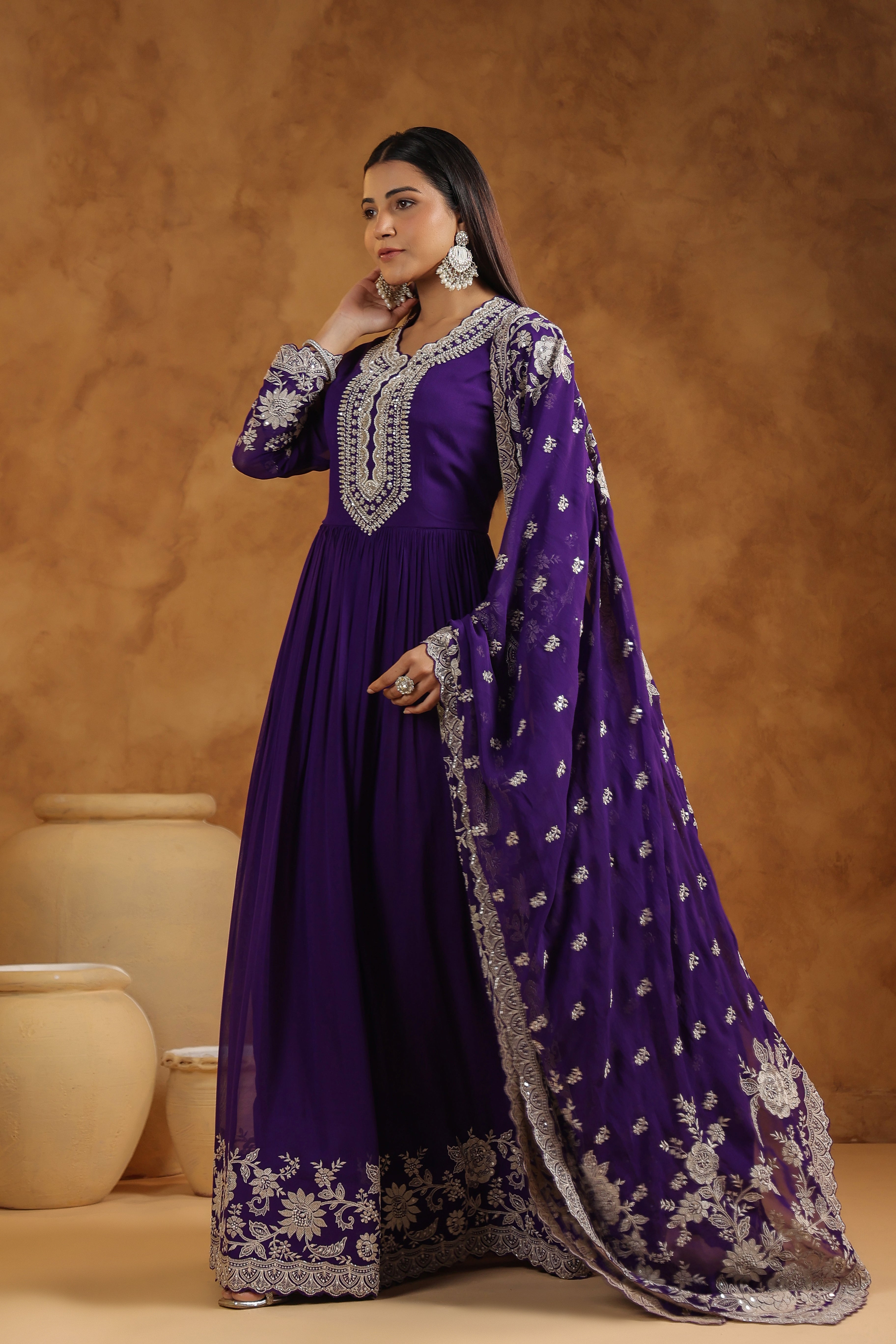 Royal Purple Embellished Georgette Silk Anarkali Set