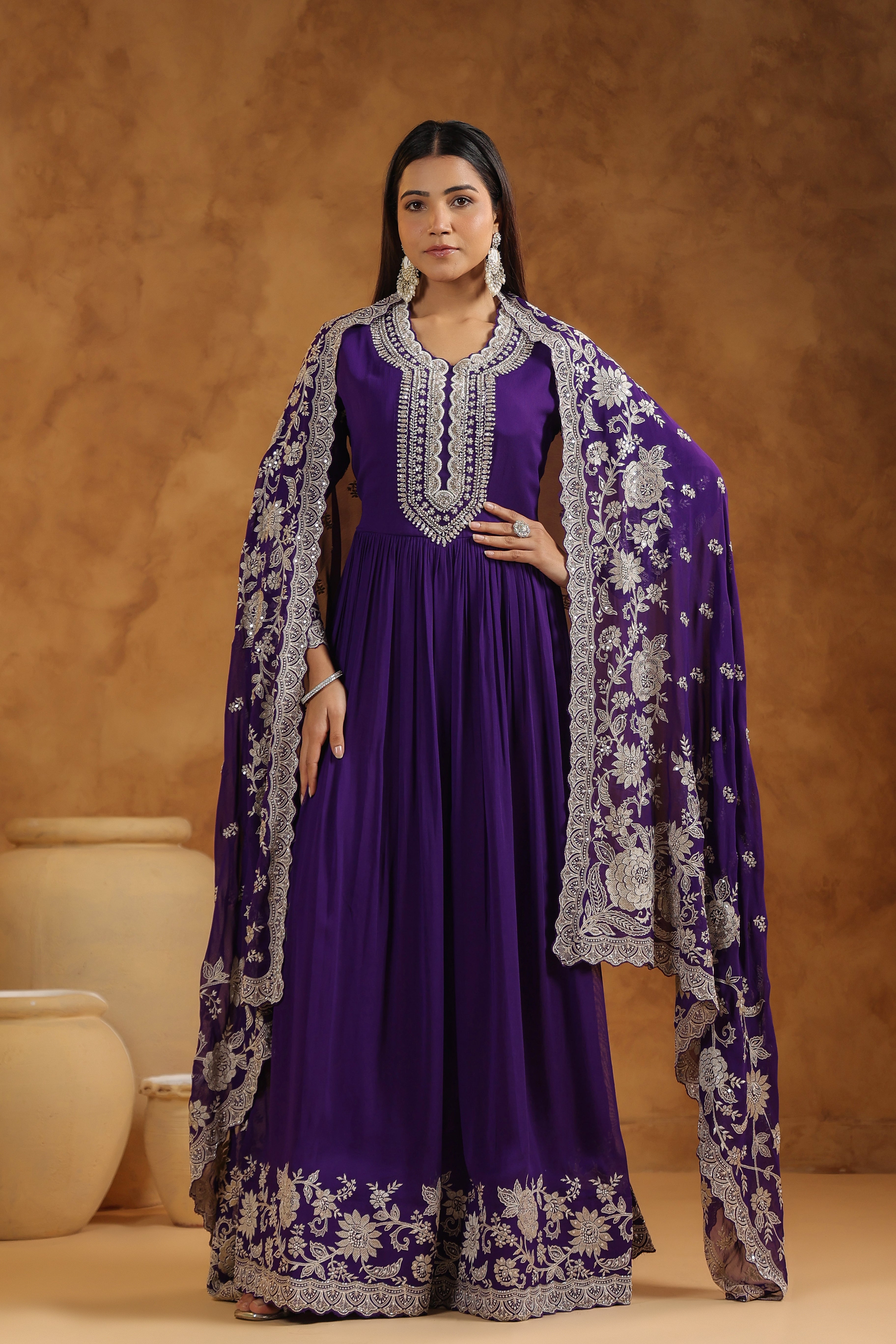 Royal Purple Embellished Georgette Silk Anarkali Set