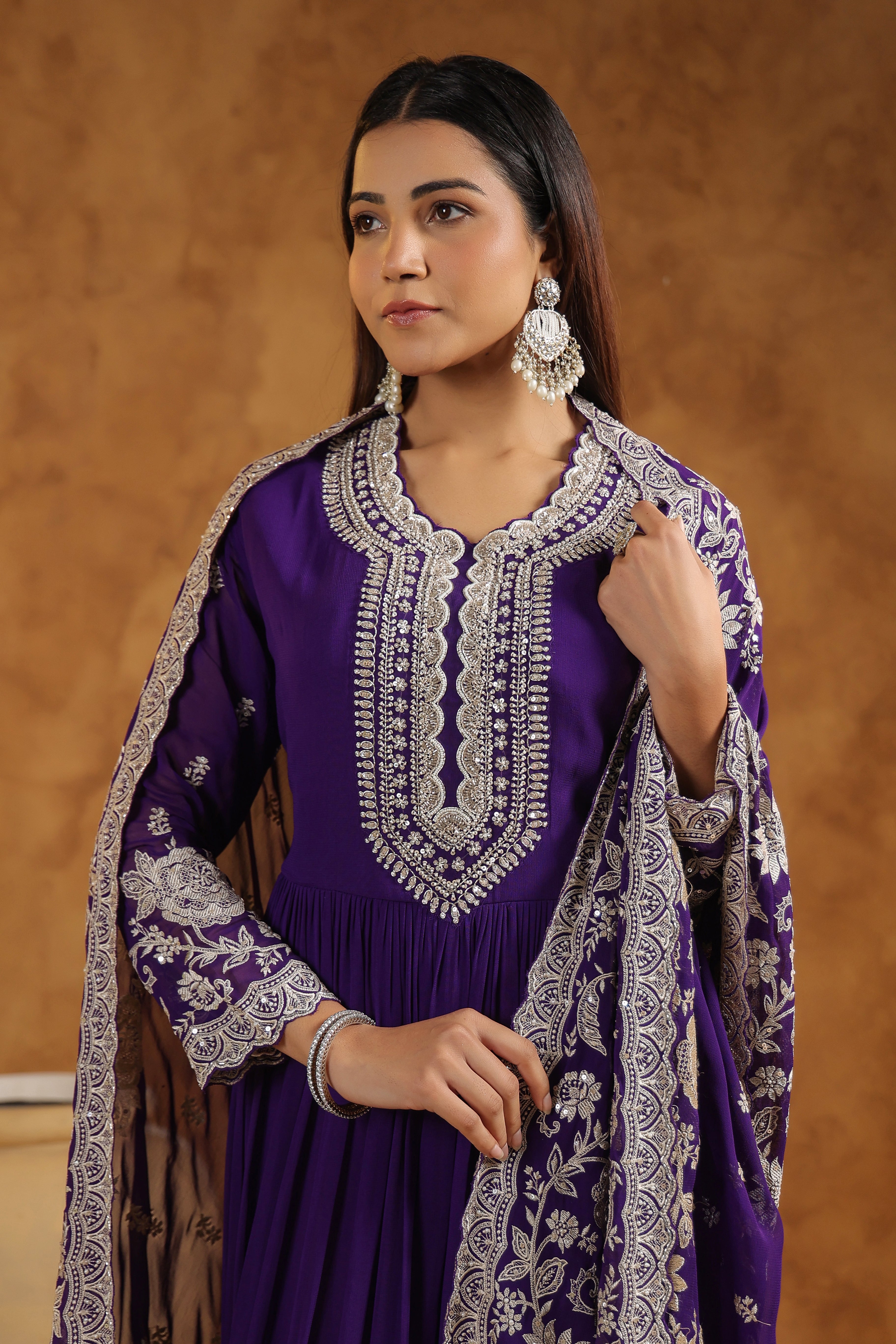 Royal Purple Embellished Georgette Silk Anarkali Set