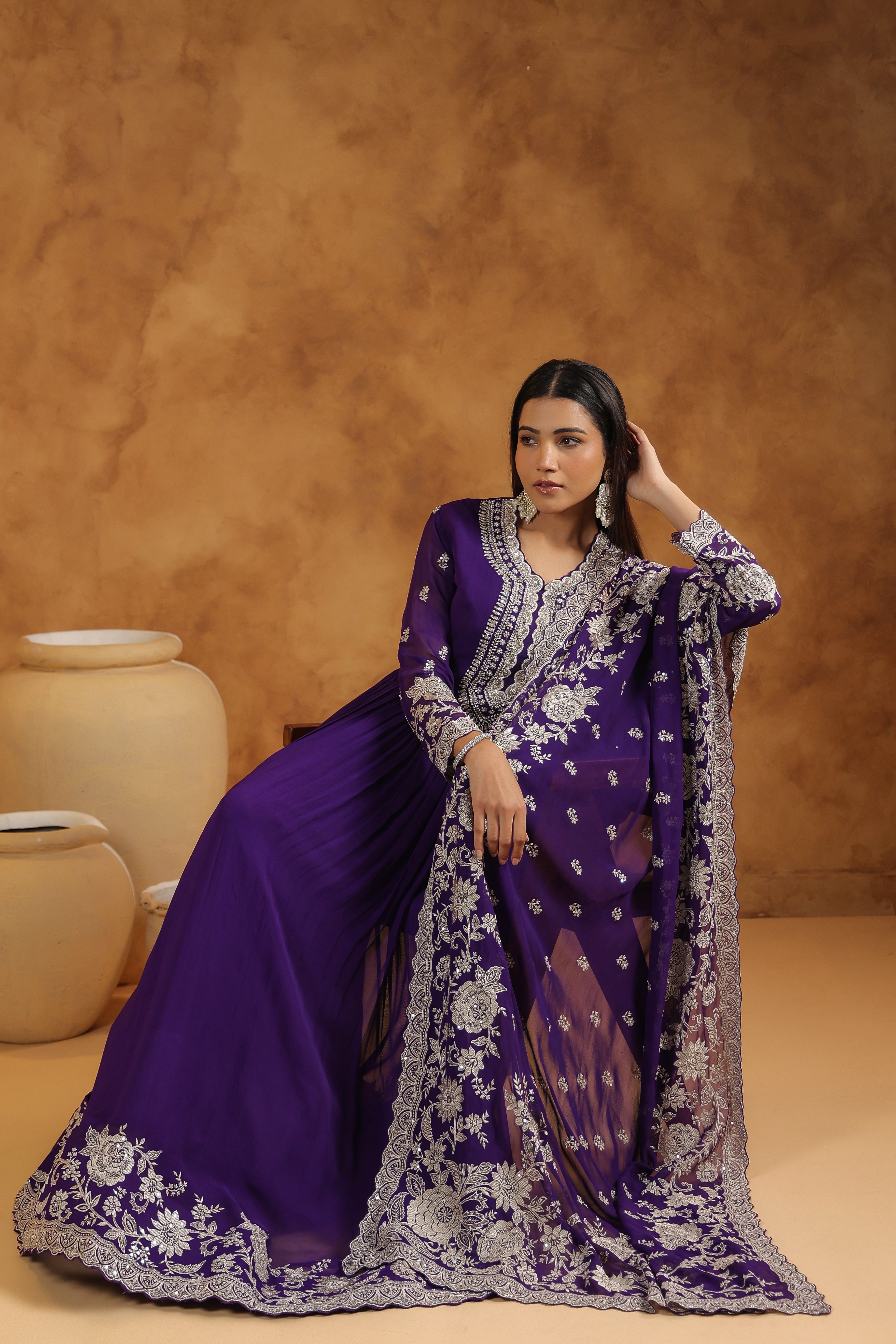 Royal Purple Embellished Georgette Silk Anarkali Set