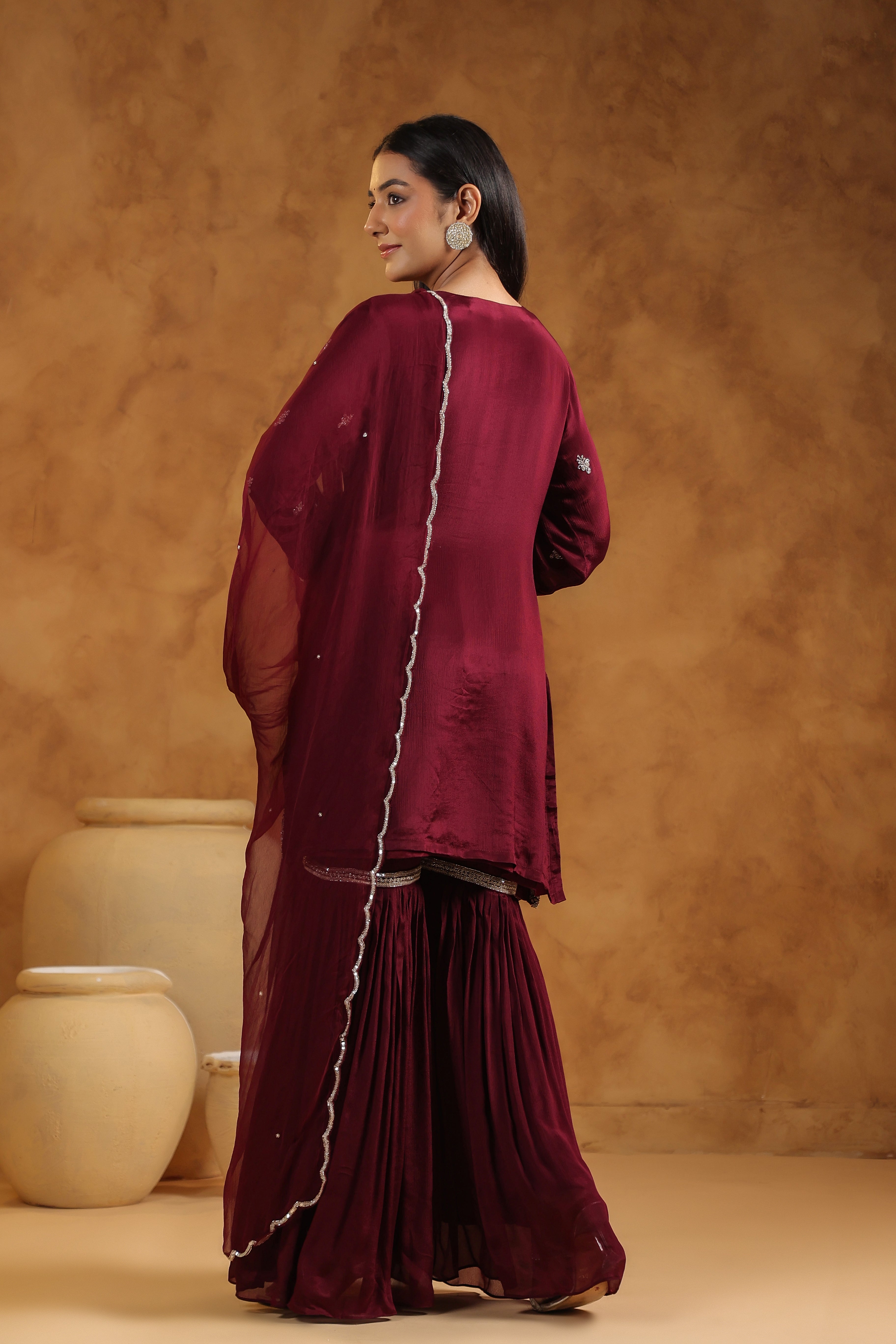 Classic Wine Embellished Chinon Silk Sharara Set
