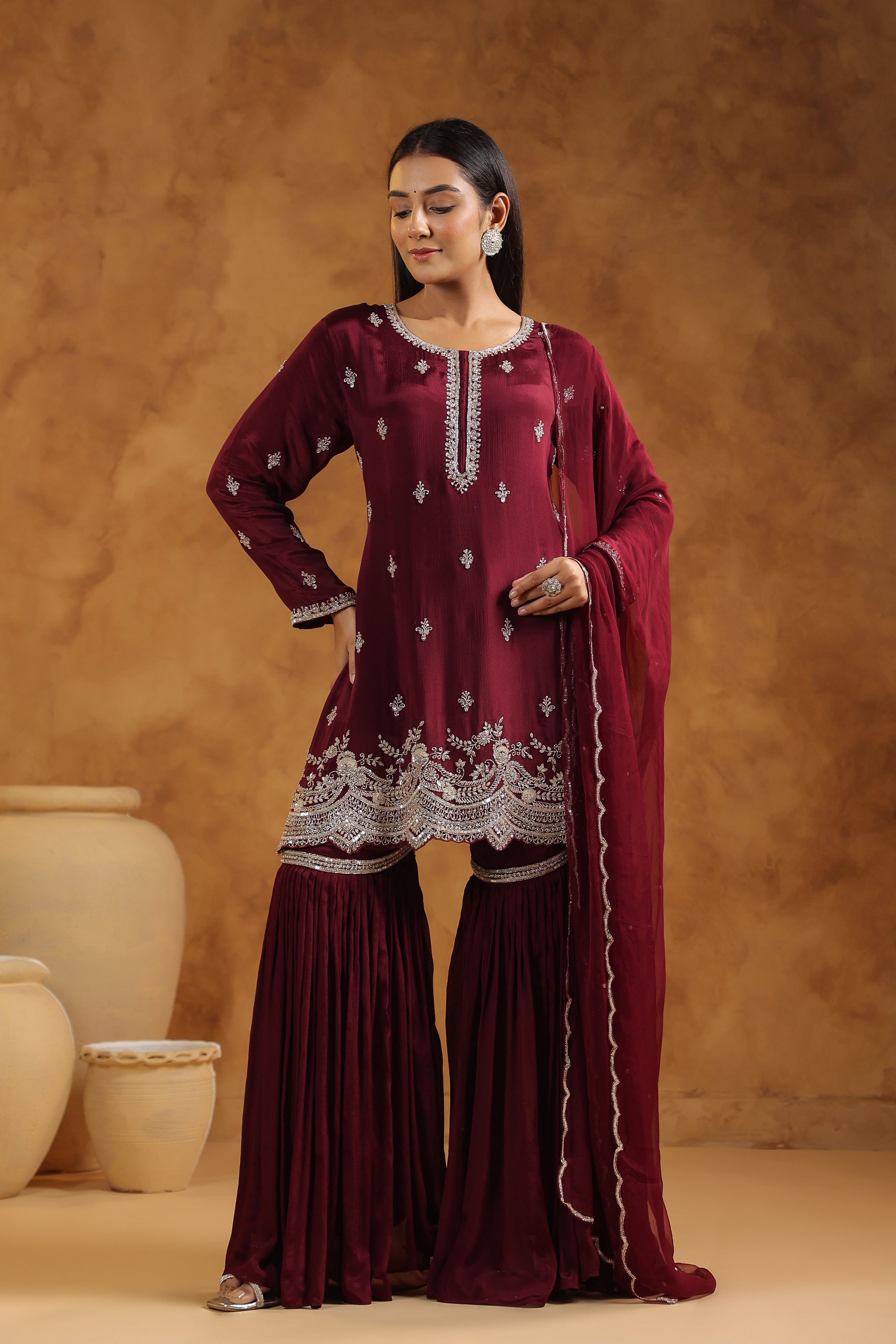 Classic Wine Embellished Chinon Silk Sharara Set