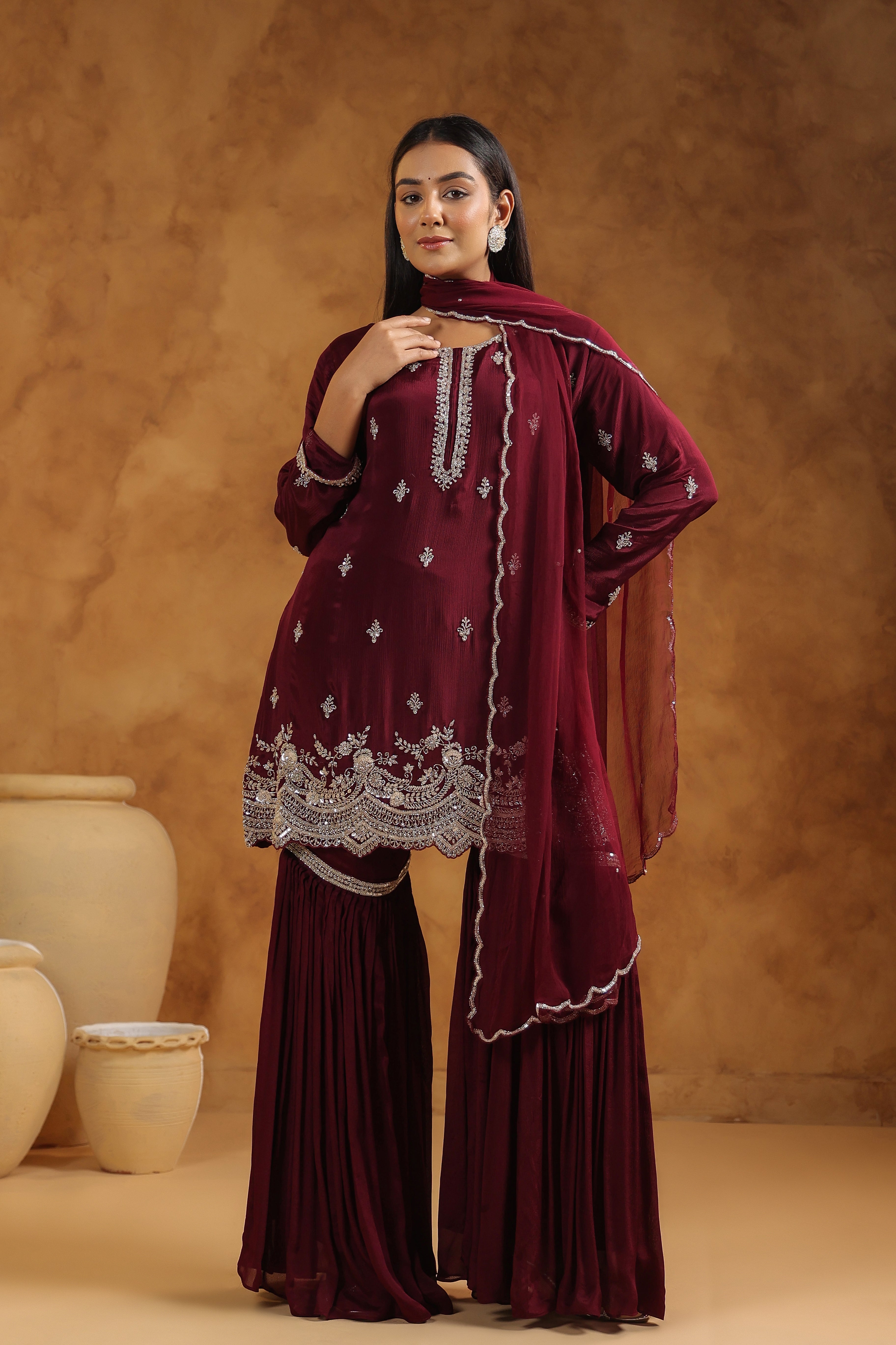 Classic Wine Embellished Chinon Silk Sharara Set