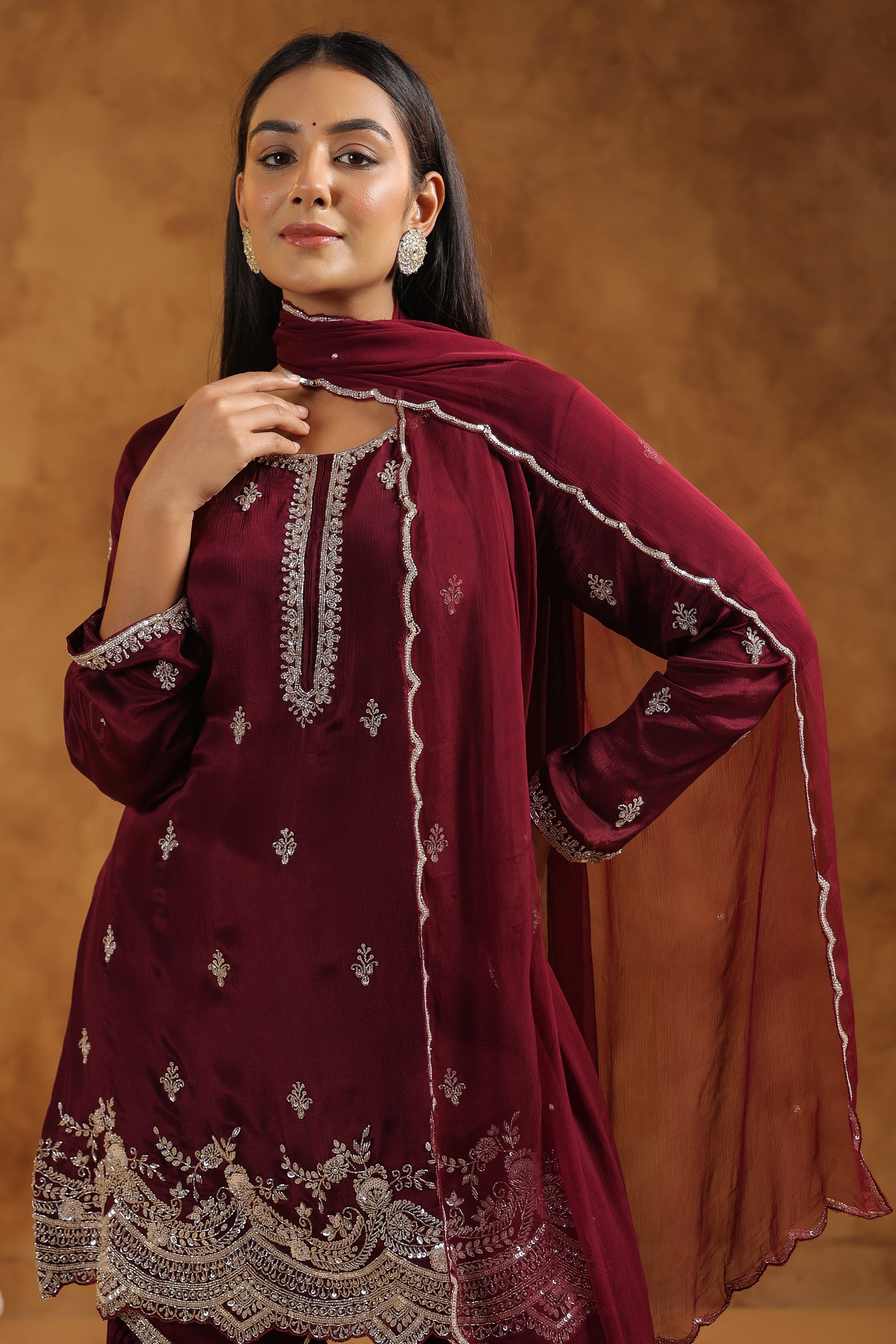 Classic Wine Embellished Chinon Silk Sharara Set