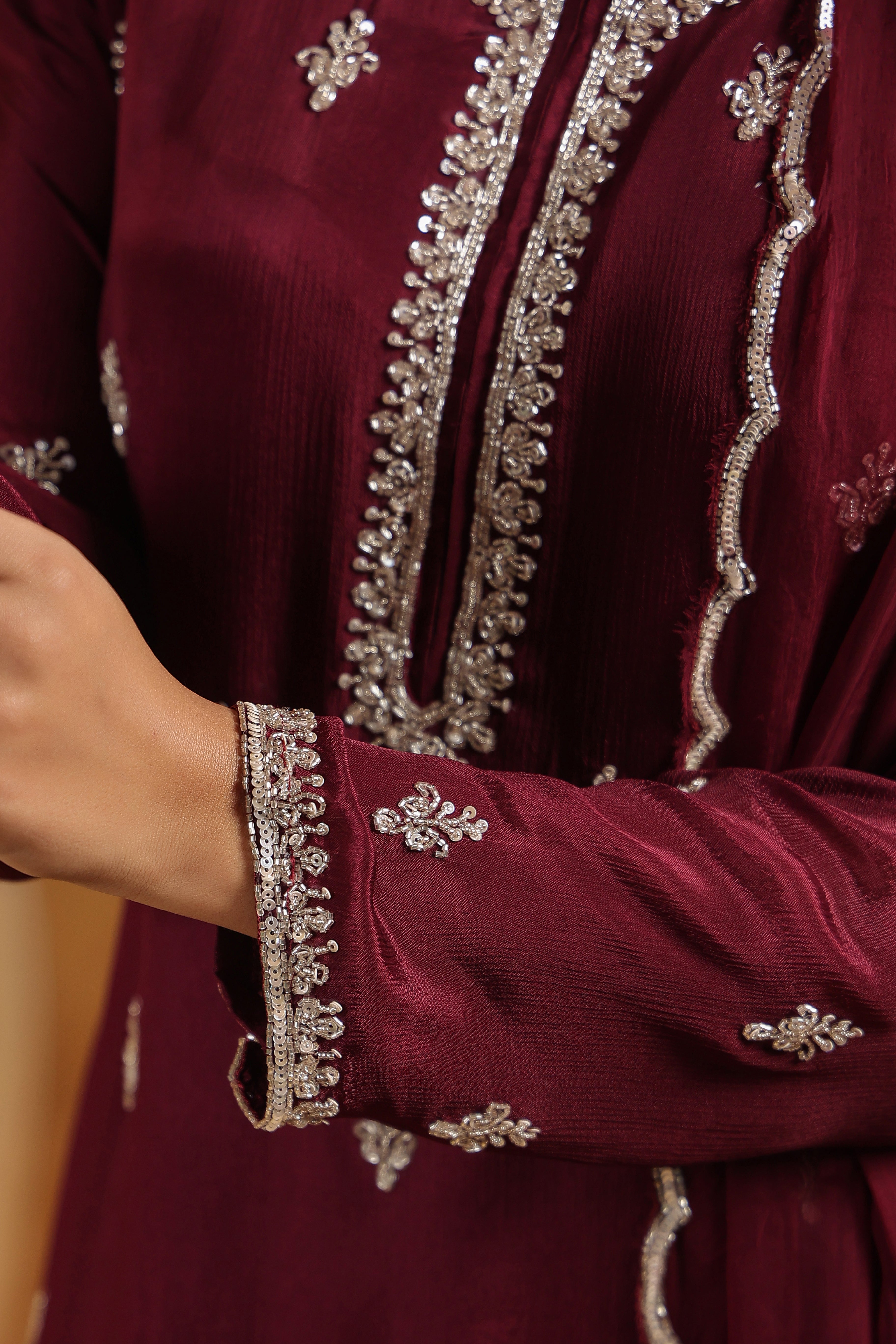 Classic Wine Embellished Chinon Silk Sharara Set