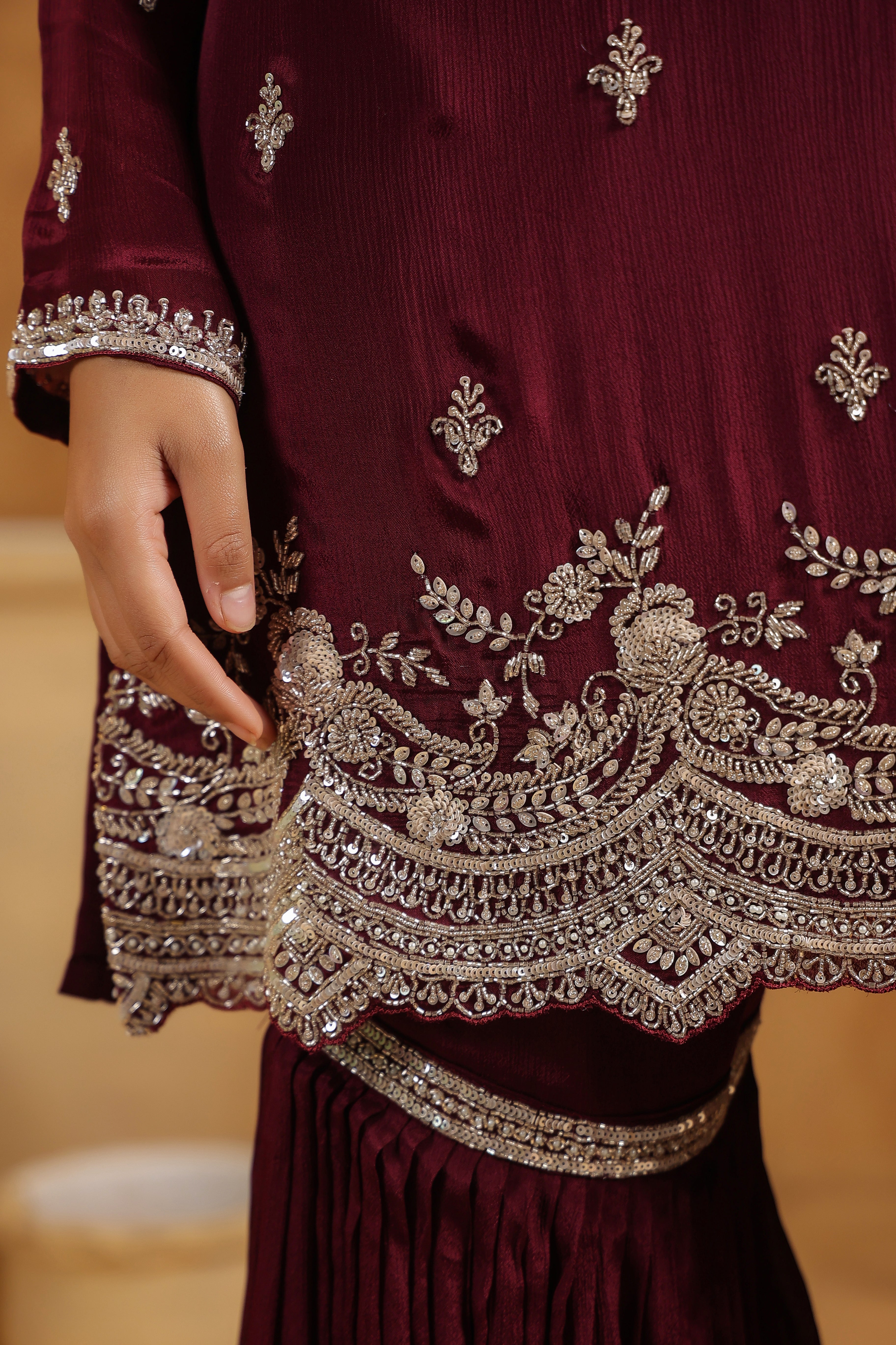 Classic Wine Embellished Chinon Silk Sharara Set