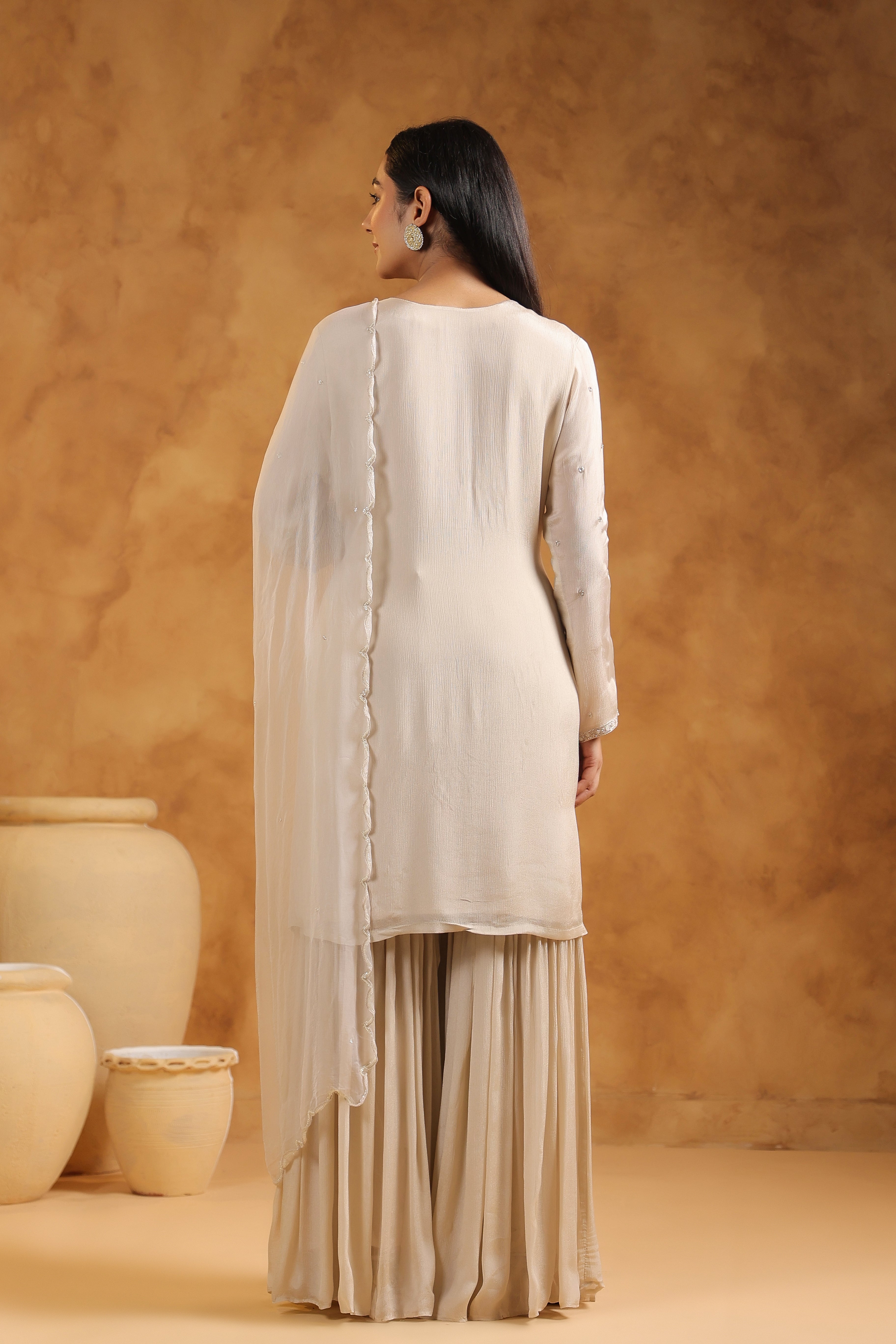 Beige Embellished Chinon Silk Sharara Set