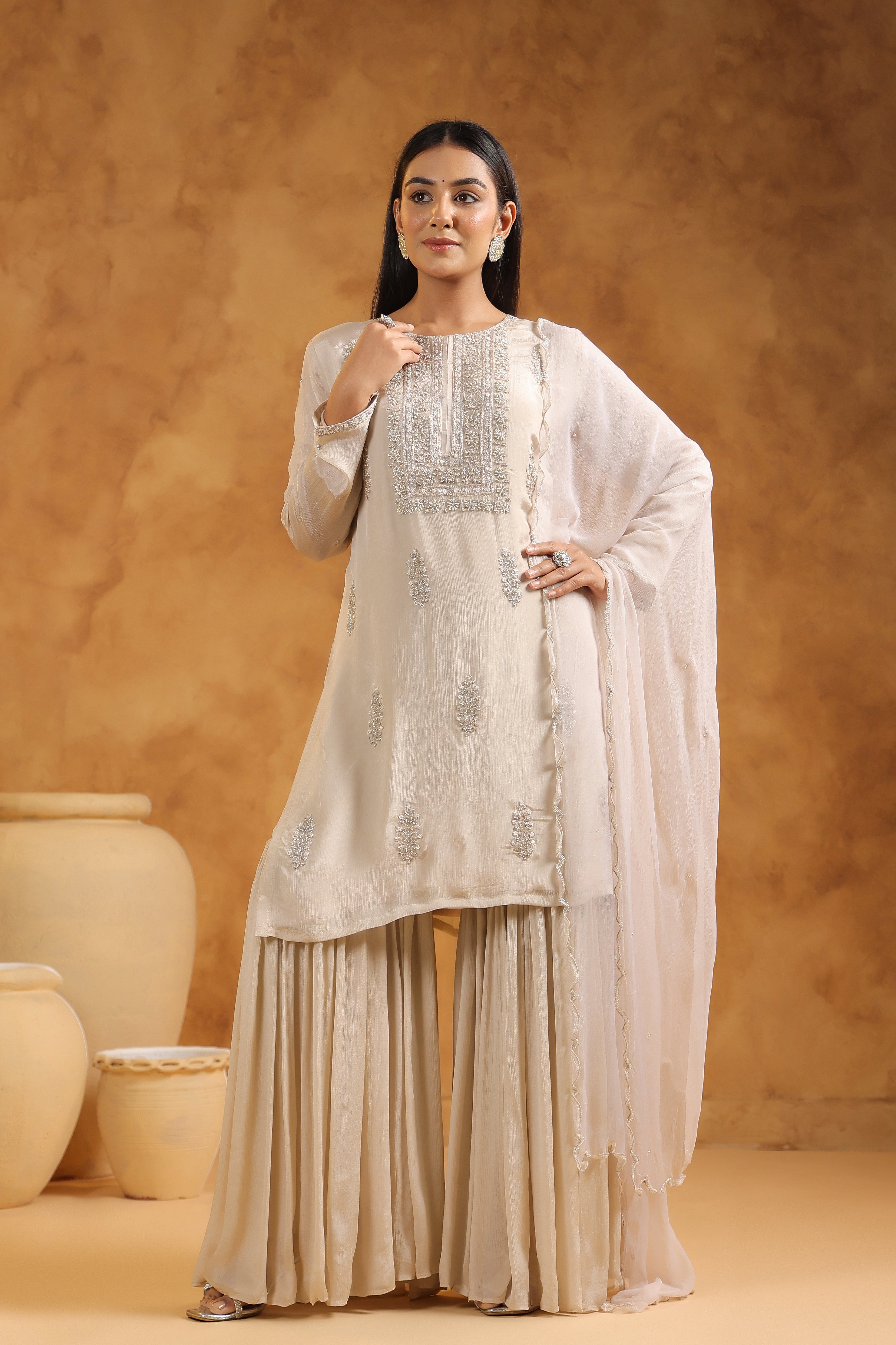 Beige Embellished Chinon Silk Sharara Set