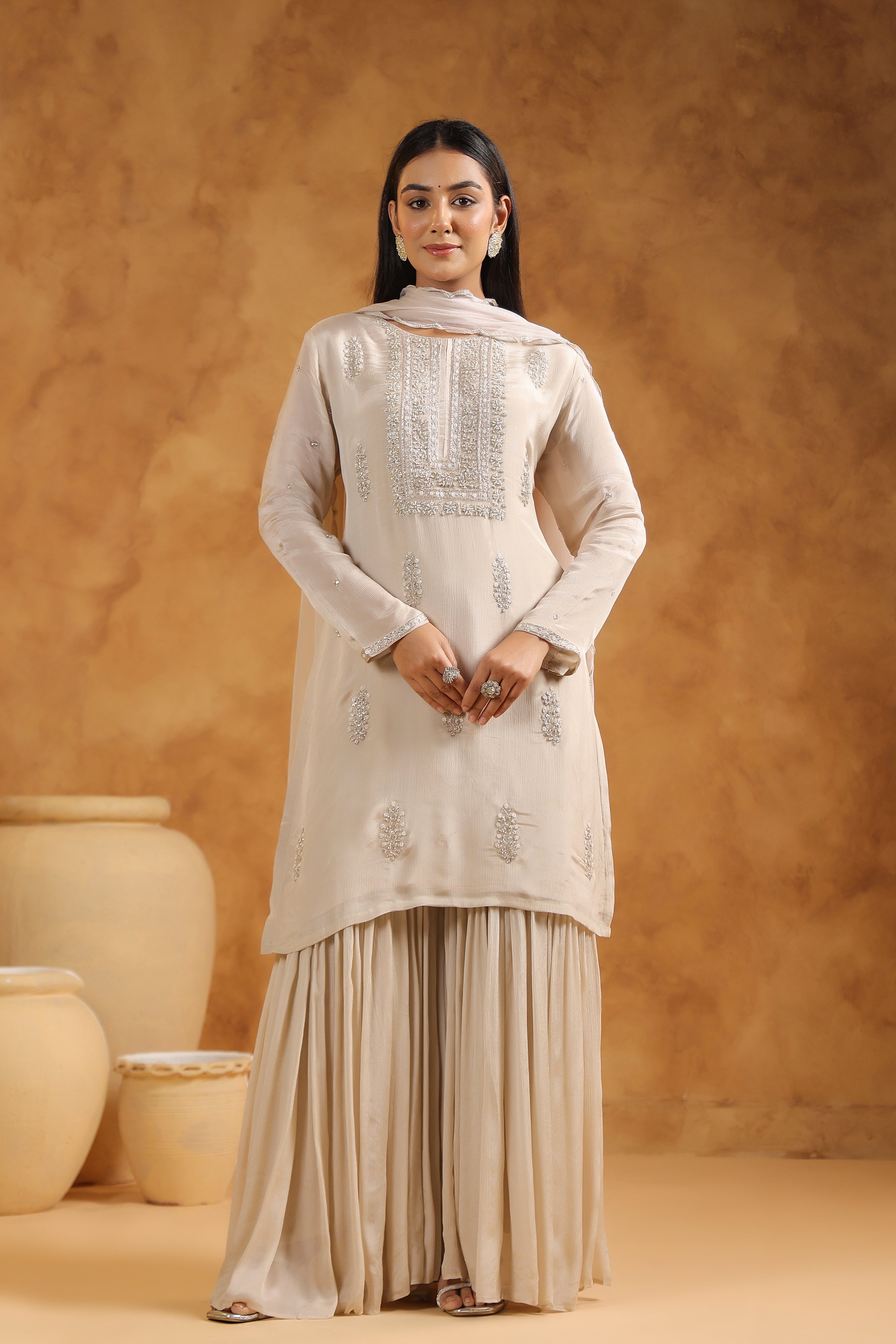 Beige Embellished Chinon Silk Sharara Set