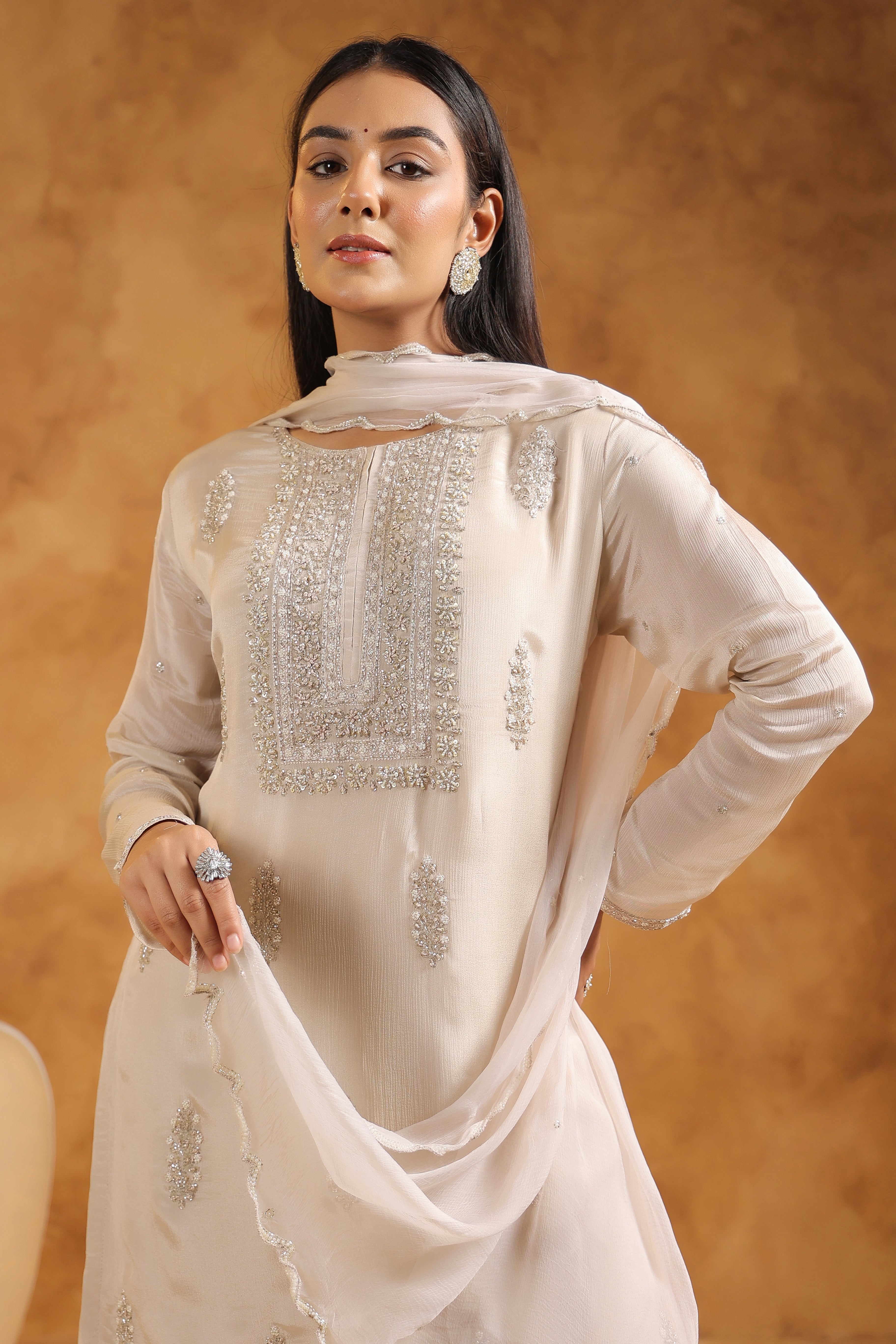 Beige Embellished Chinon Silk Sharara Set