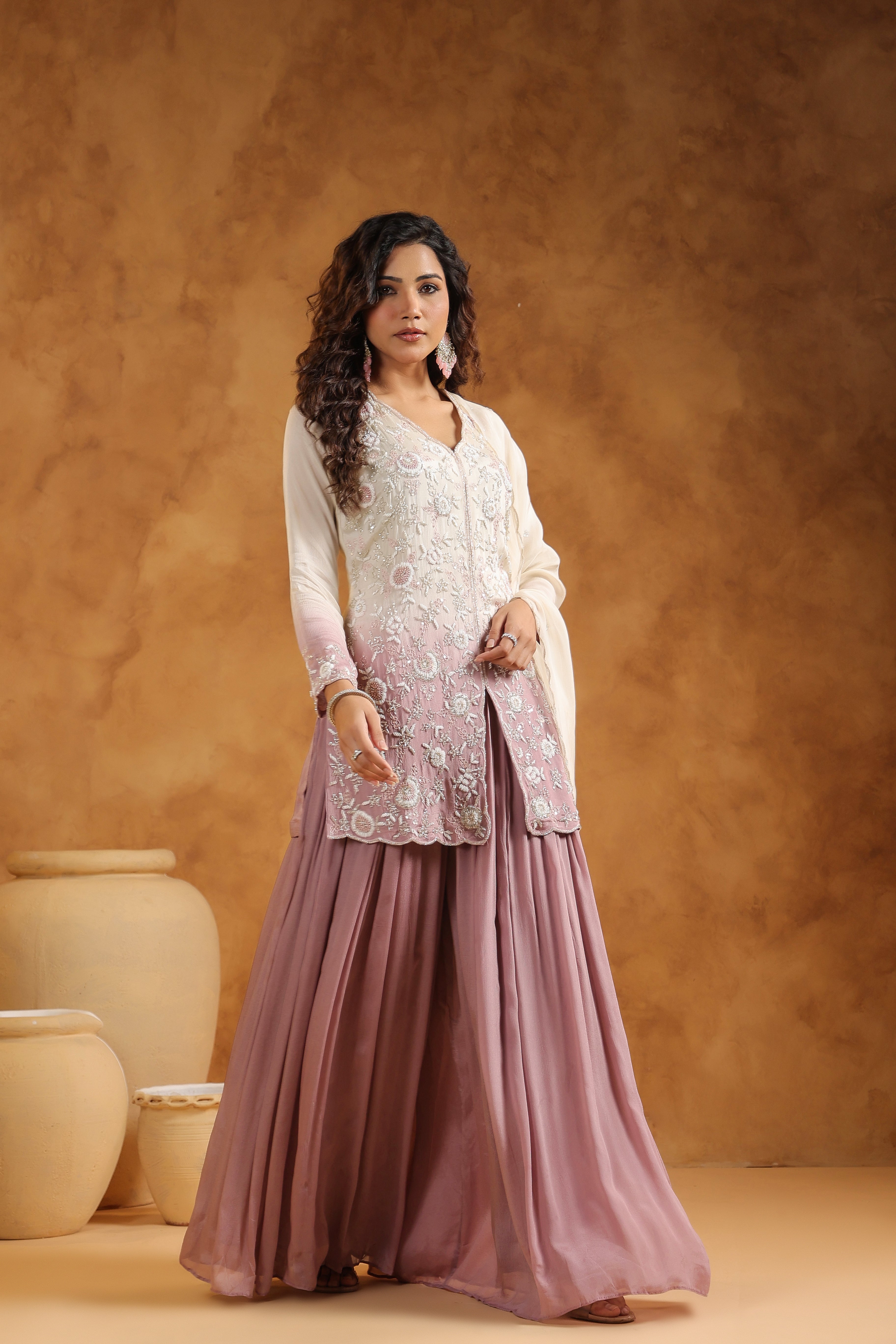 Shaded Mauve Embellished Chinon Silk Sharara Set