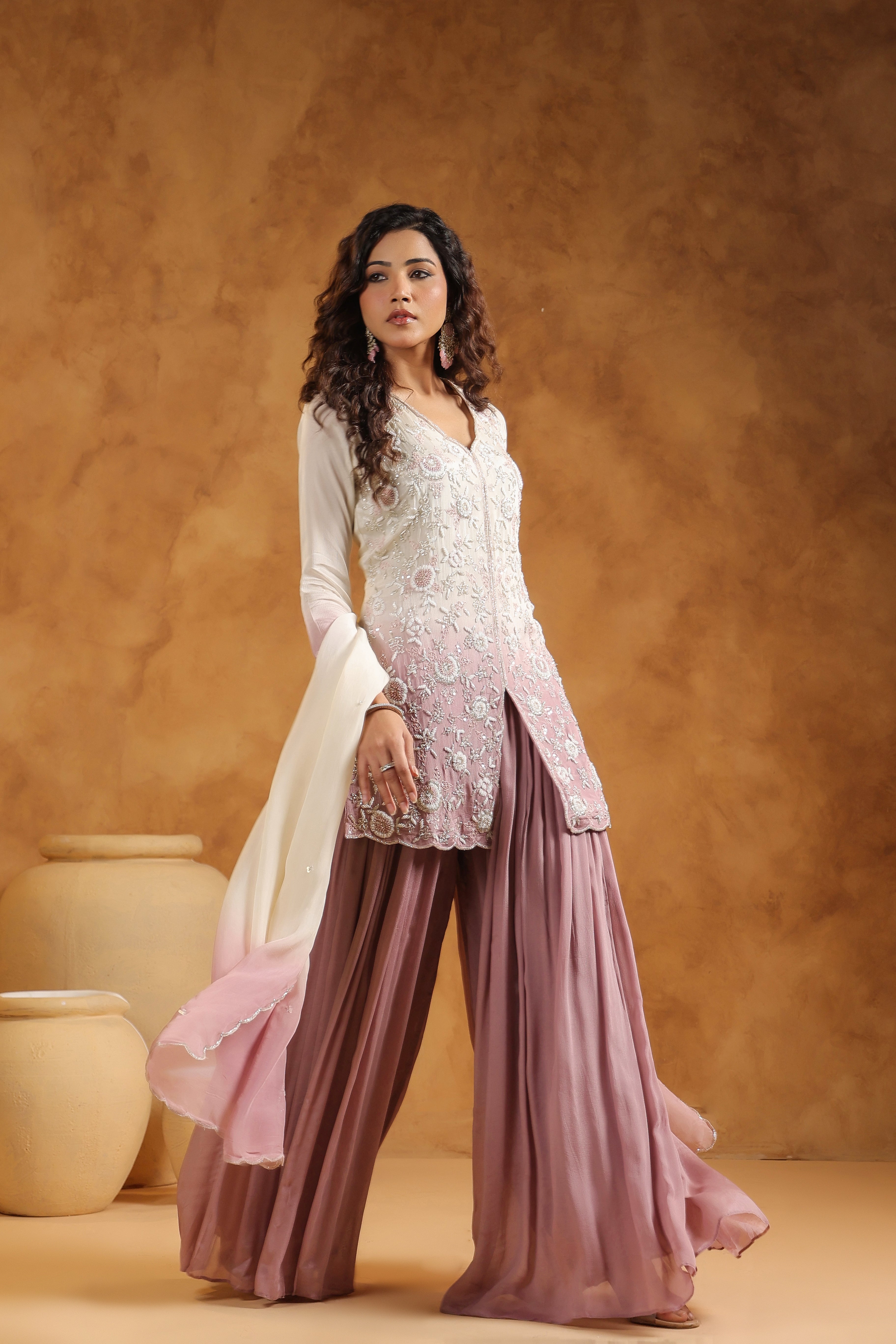 Shaded Mauve Embellished Chinon Silk Sharara Set