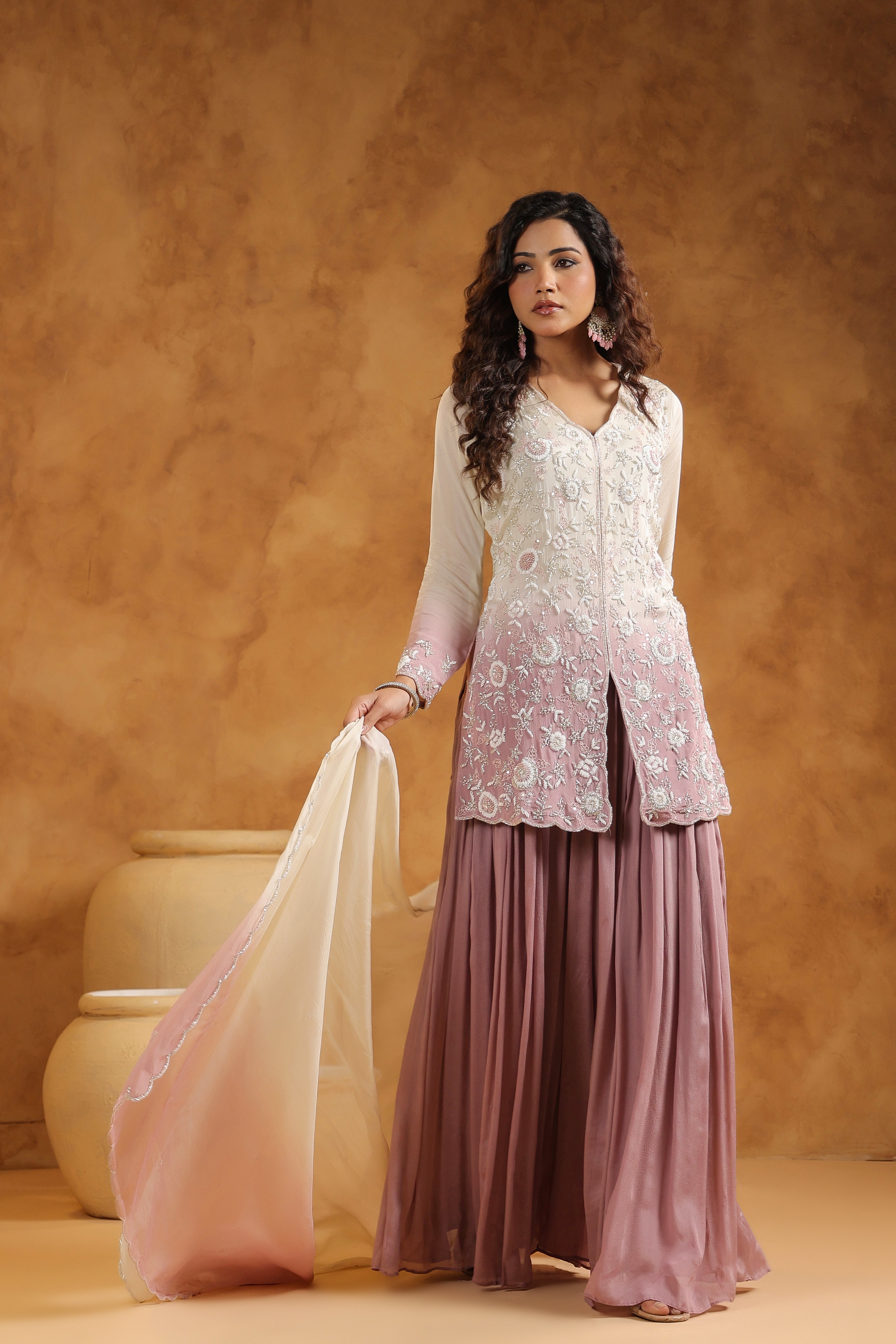Shaded Mauve Embellished Chinon Silk Sharara Set