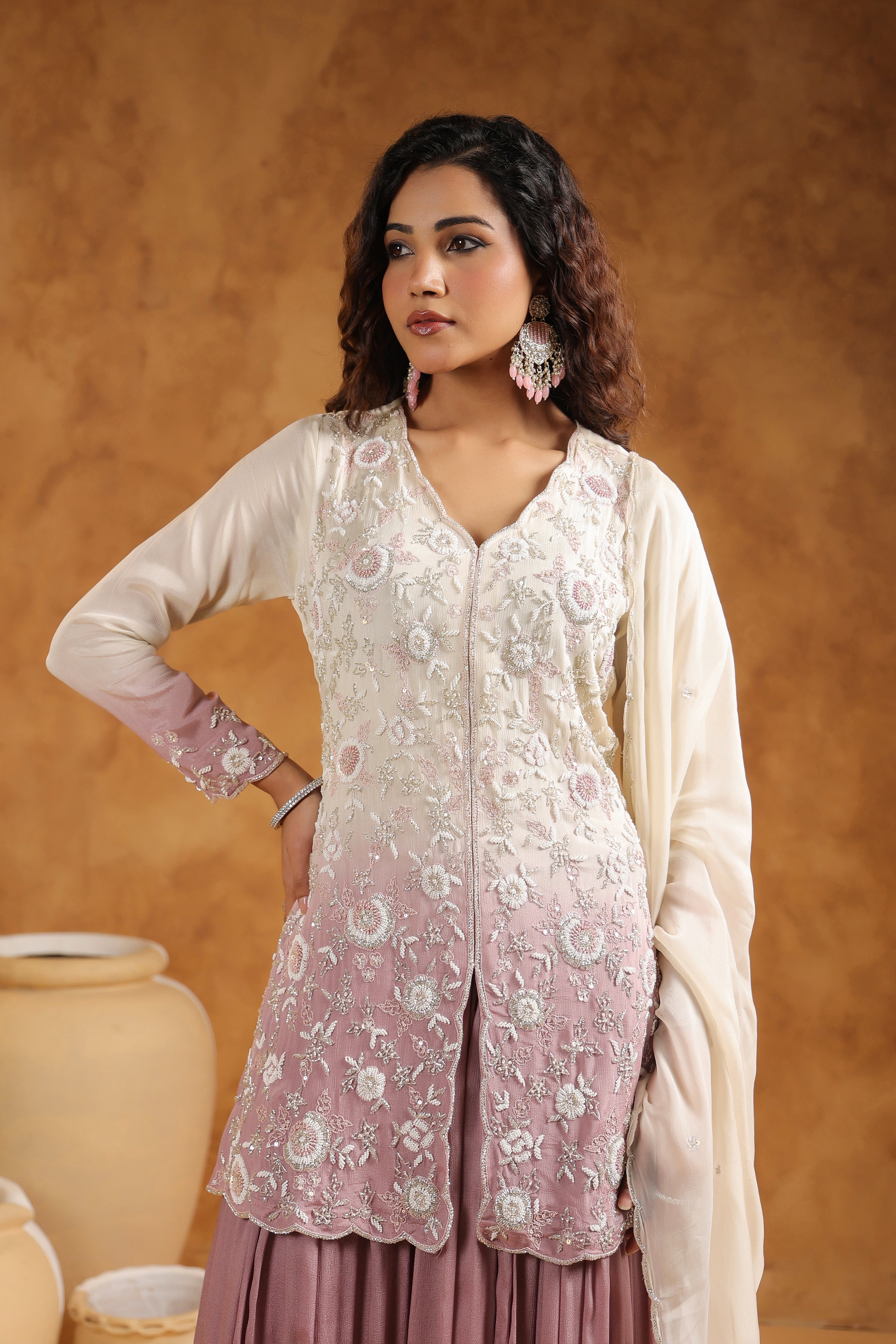 Shaded Mauve Embellished Chinon Silk Sharara Set