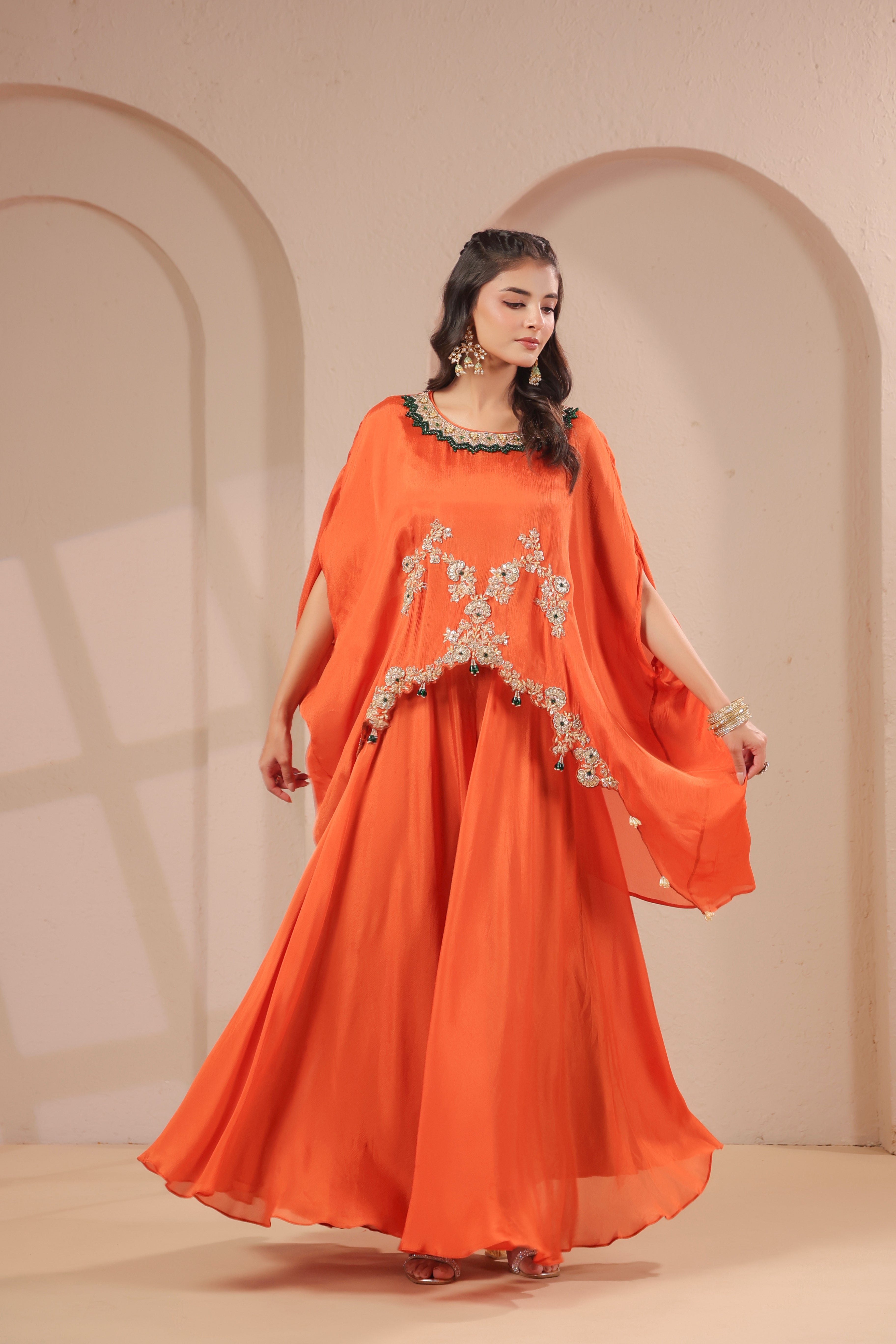 Orange Citrus Embellished Crepe Silk Skirt Set