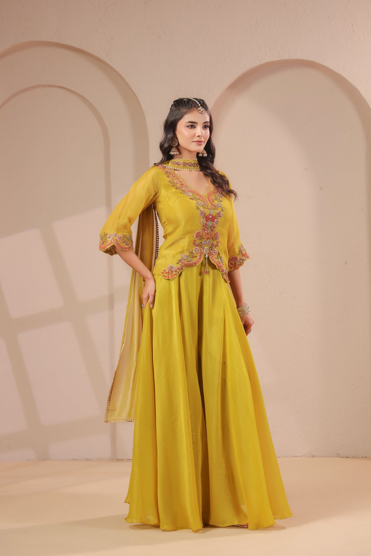 Cornsilk Yellow Embellished Shimmer Organza Palazzo Set