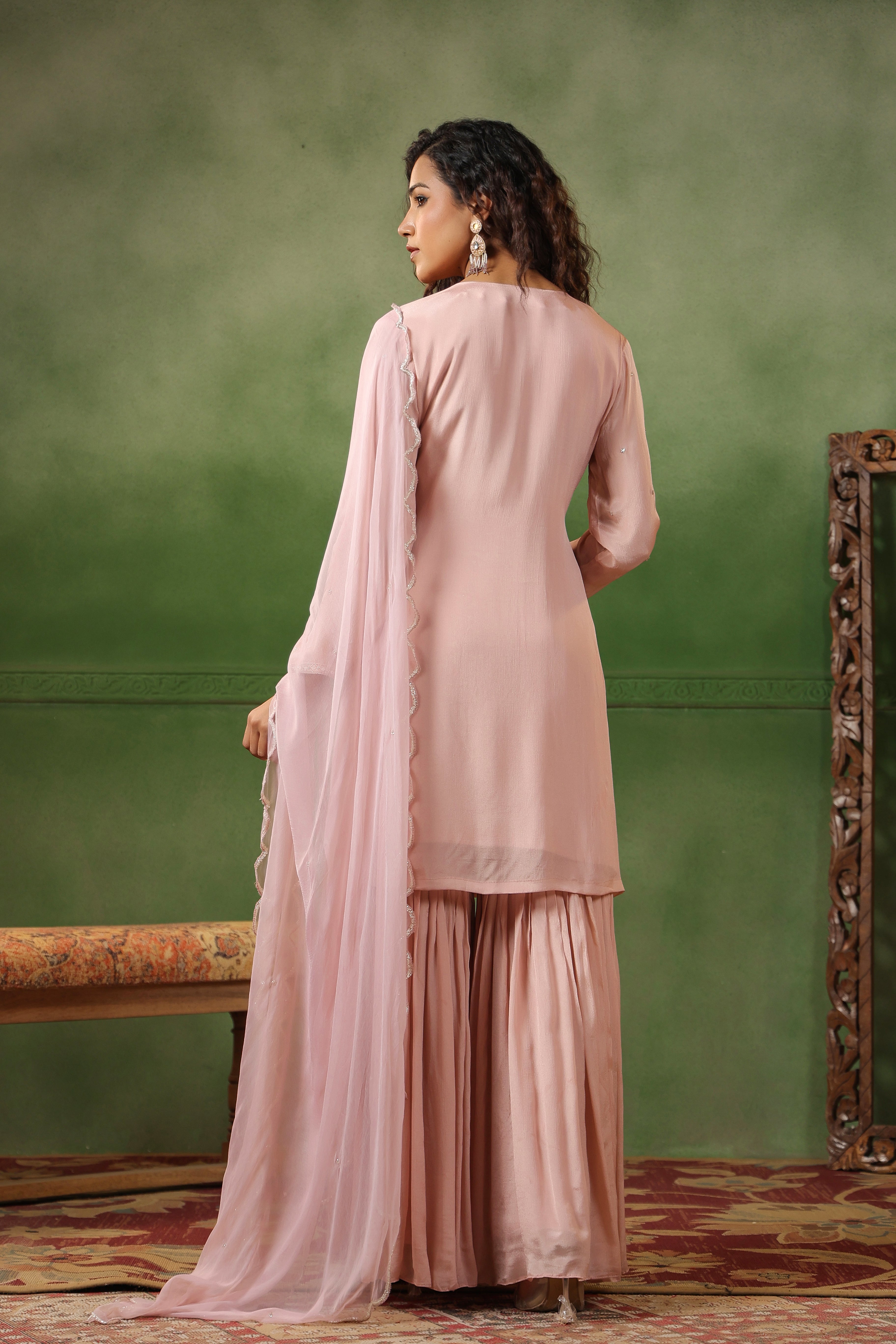 Blush Pink Embellished Chinon Silk Sharara Set