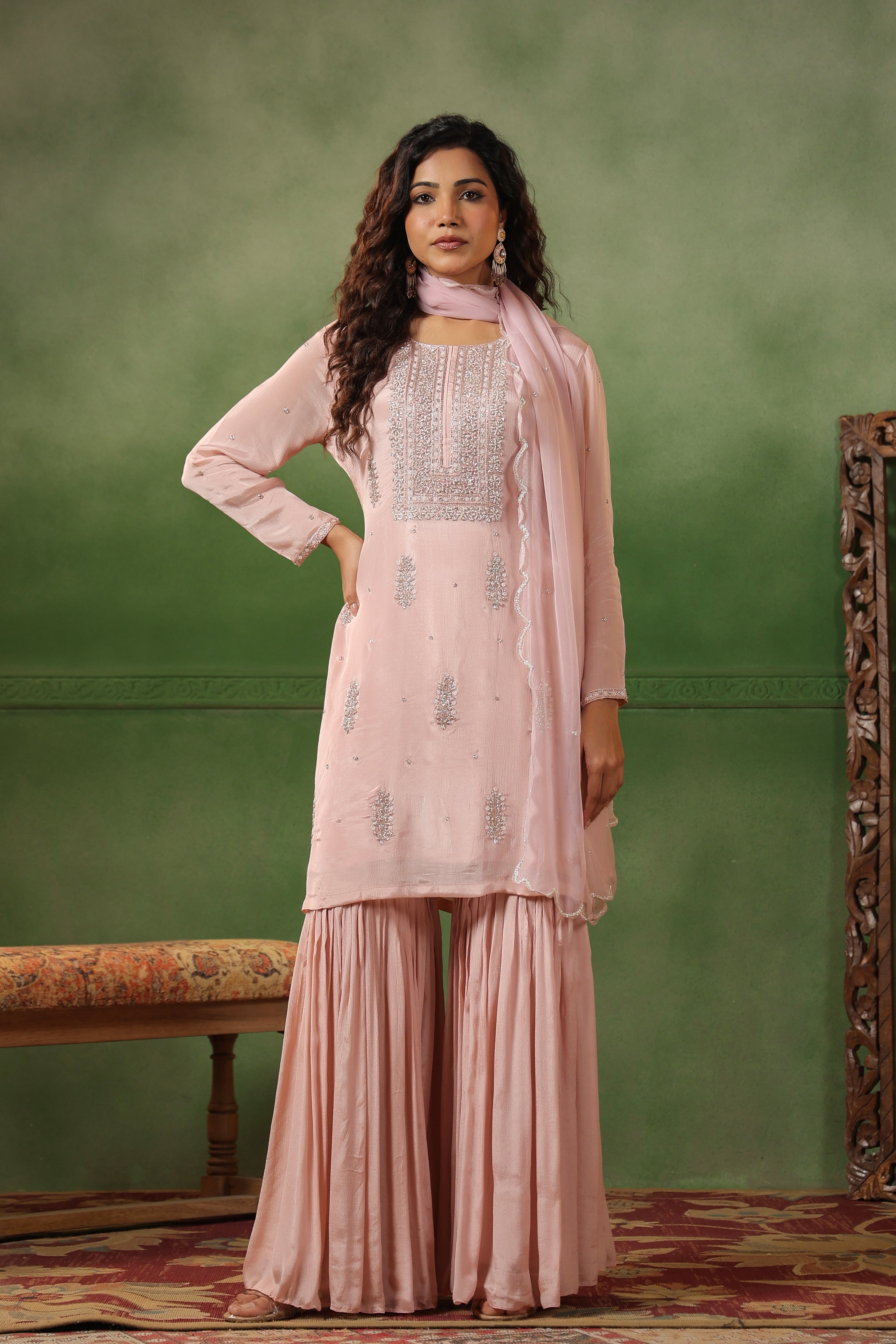 Blush Pink Embellished Chinon Silk Sharara Set