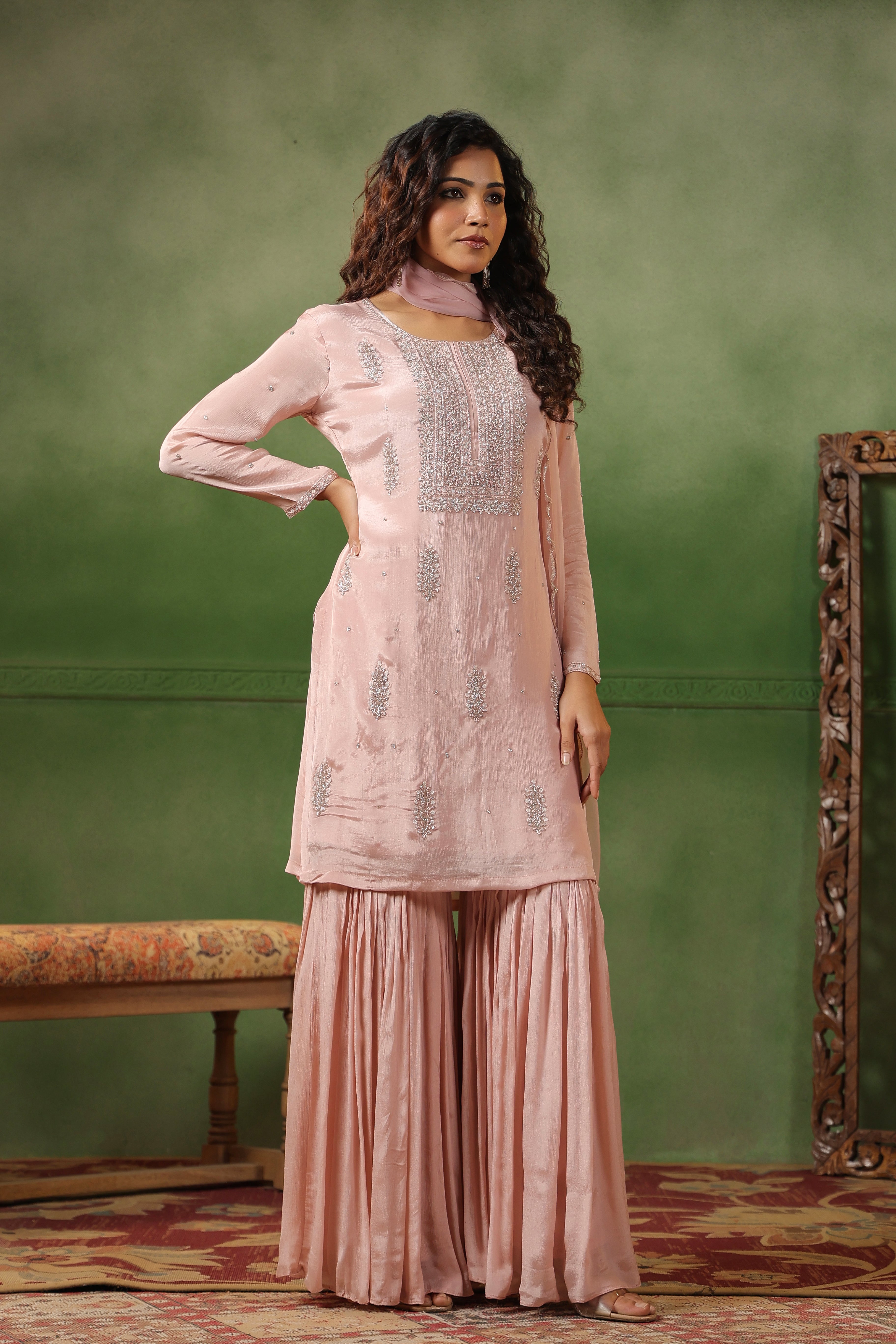 Blush Pink Embellished Chinon Silk Sharara Set