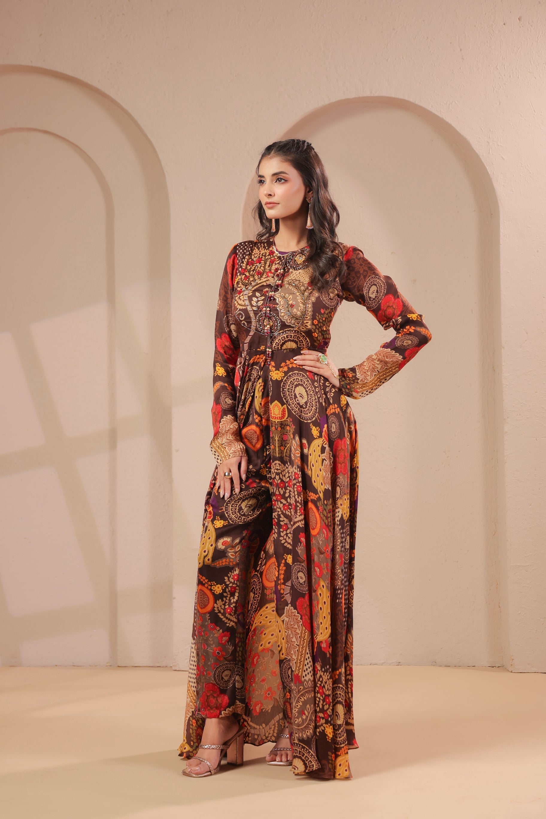 Earthy Brown Embellished Satin Silk Co-Ord Set