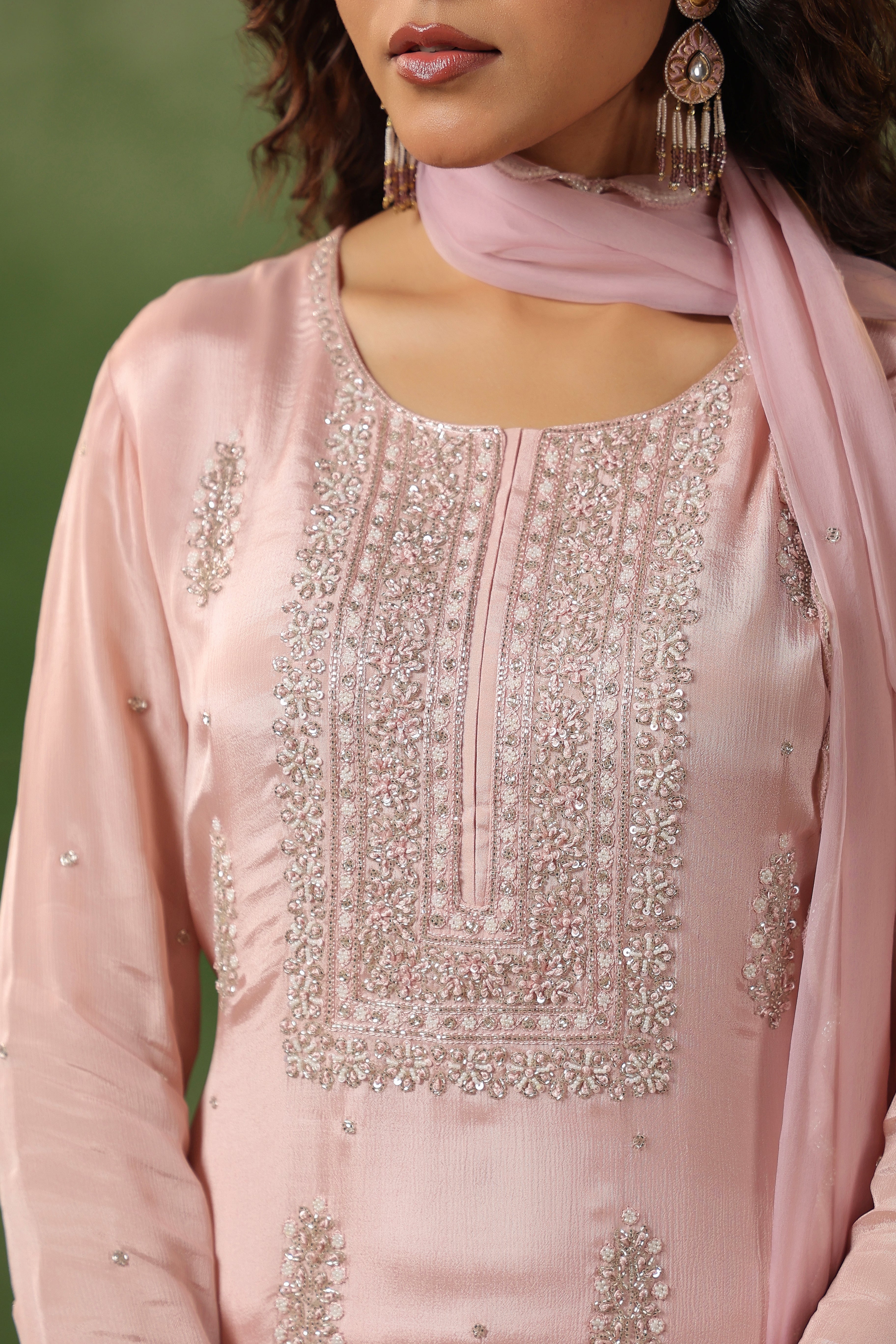Blush Pink Embellished Chinon Silk Sharara Set