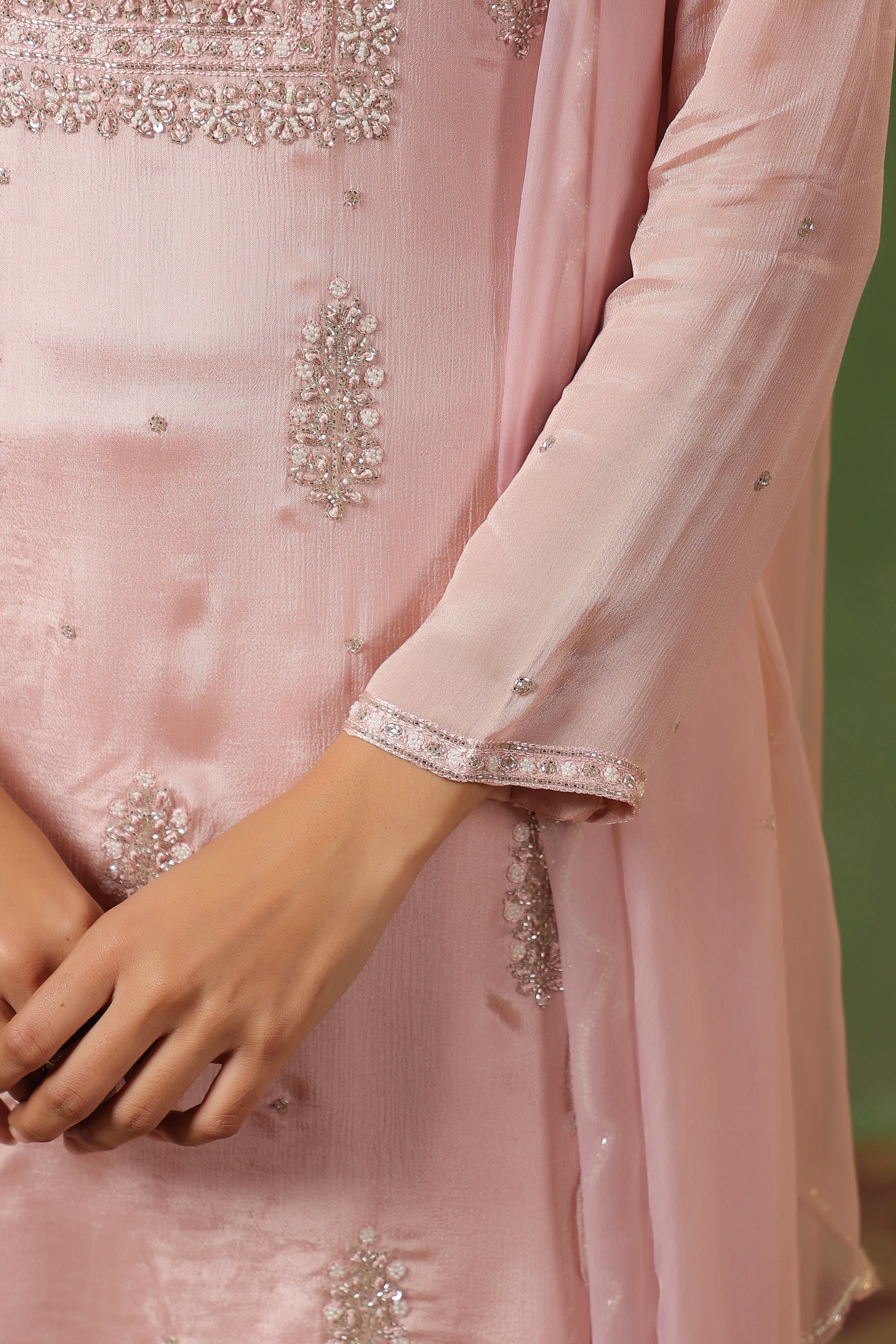 Blush Pink Embellished Chinon Silk Sharara Set