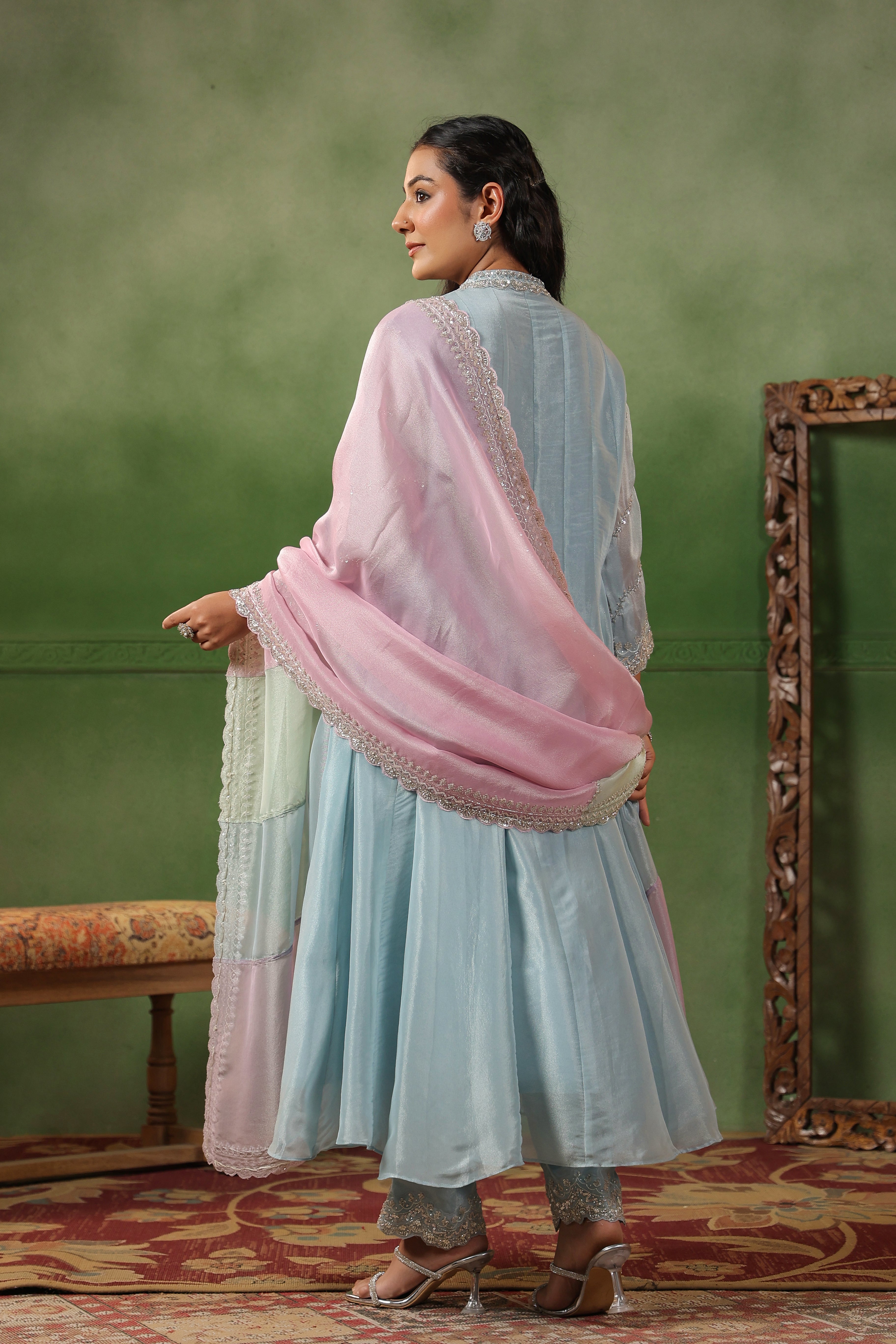 Sky Blue Embellished Tissue Silk Pant Set