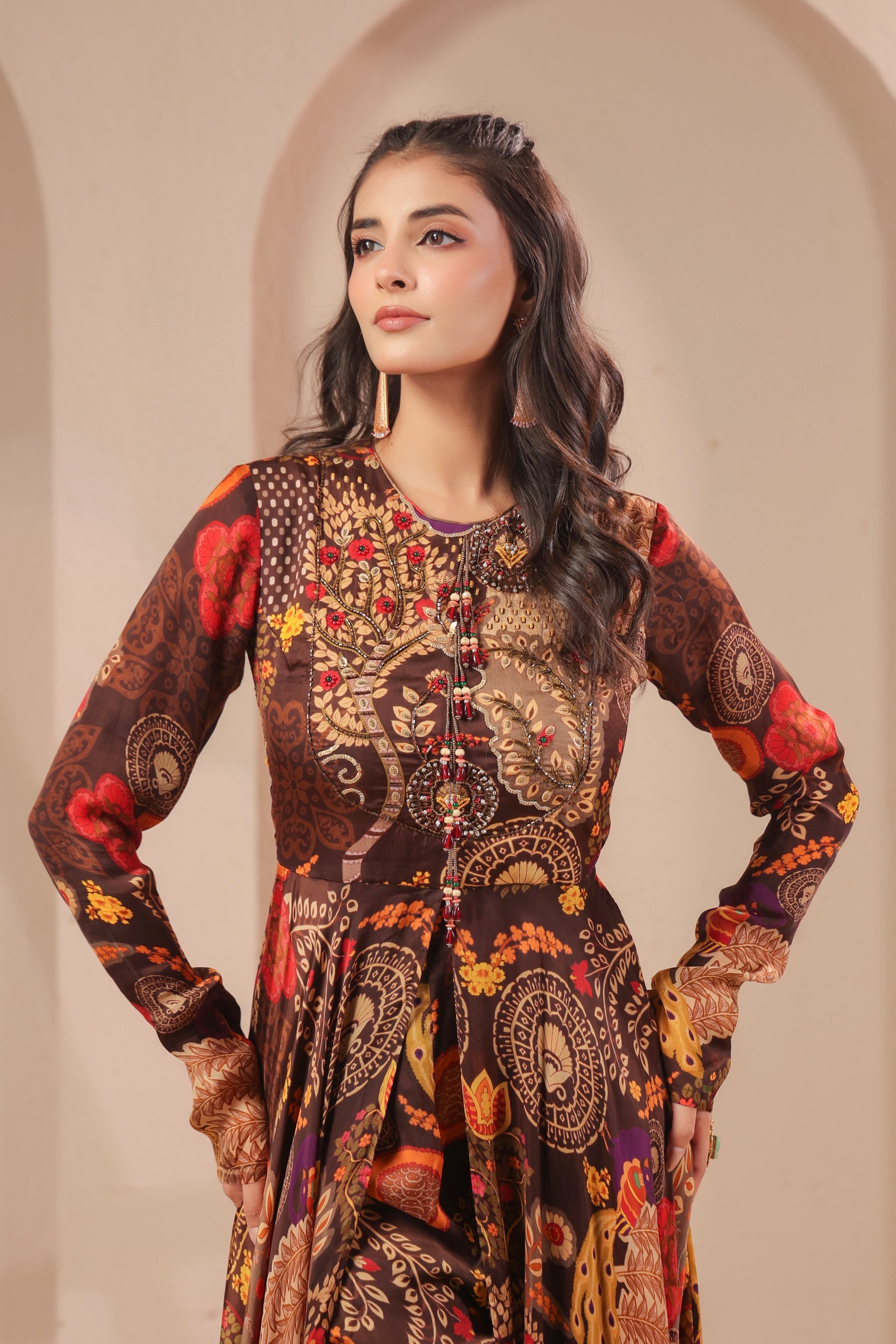 Earthy Brown Embellished Satin Silk Co-Ord Set