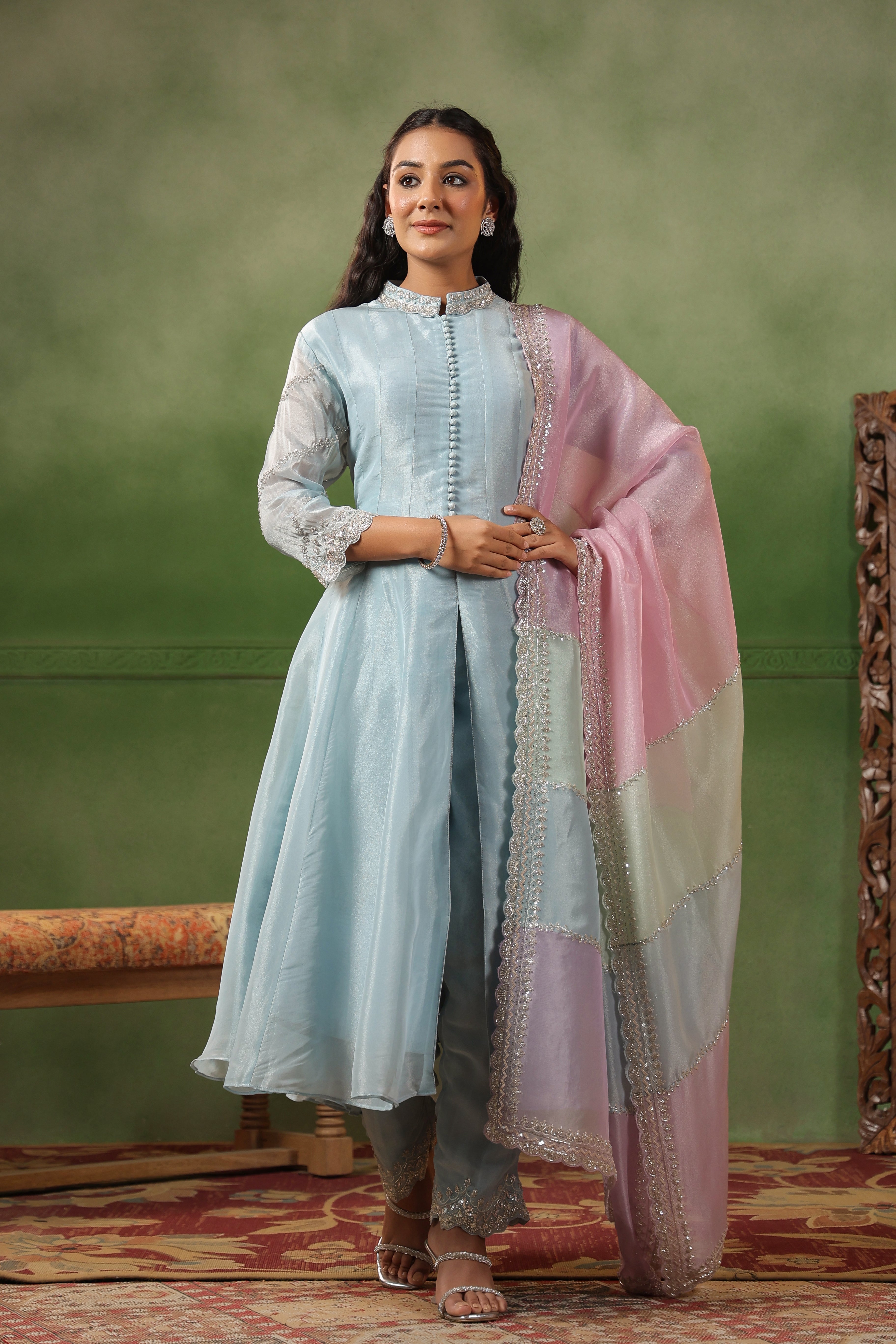 Sky Blue Embellished Tissue Silk Pant Set