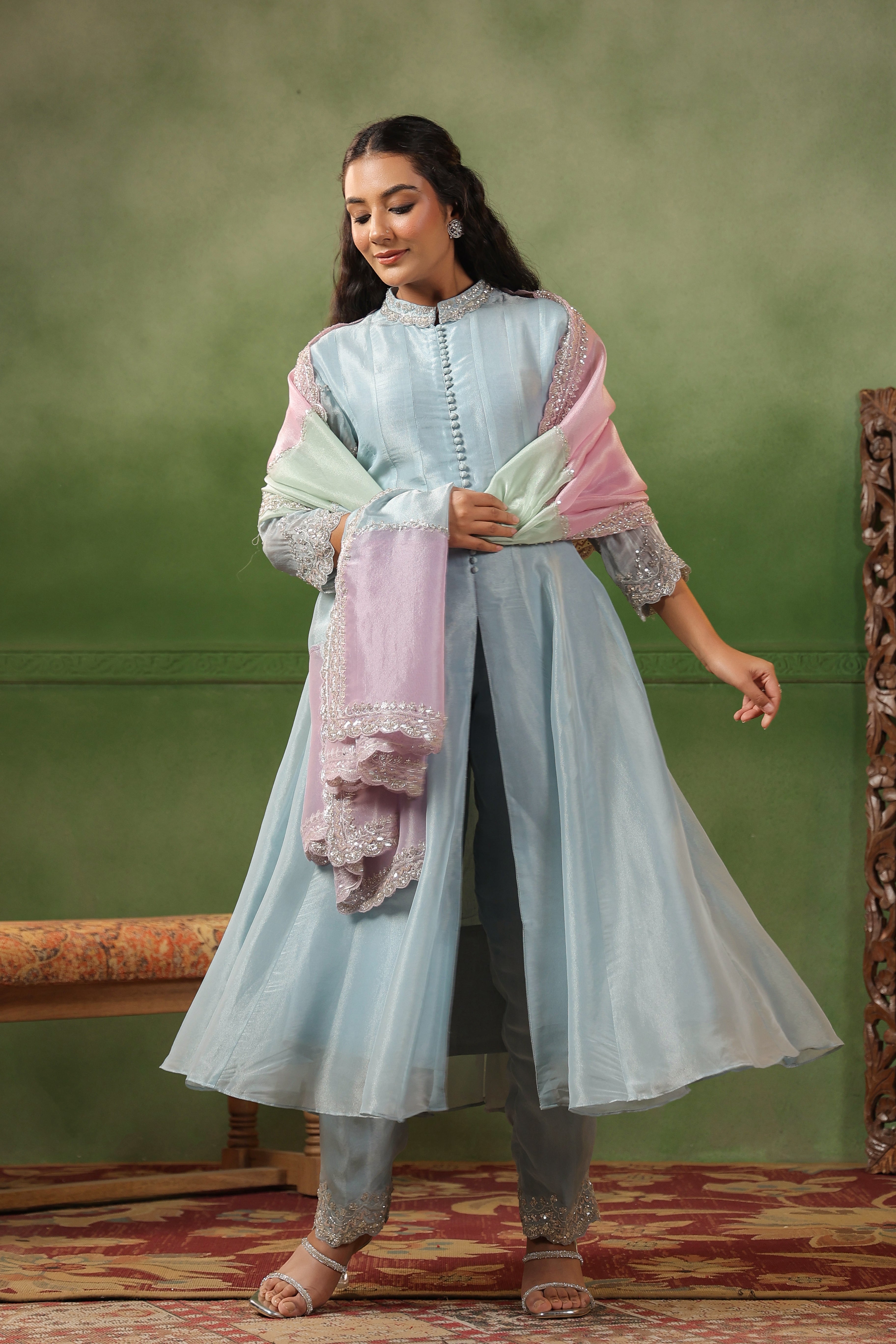 Sky Blue Embellished Tissue Silk Pant Set