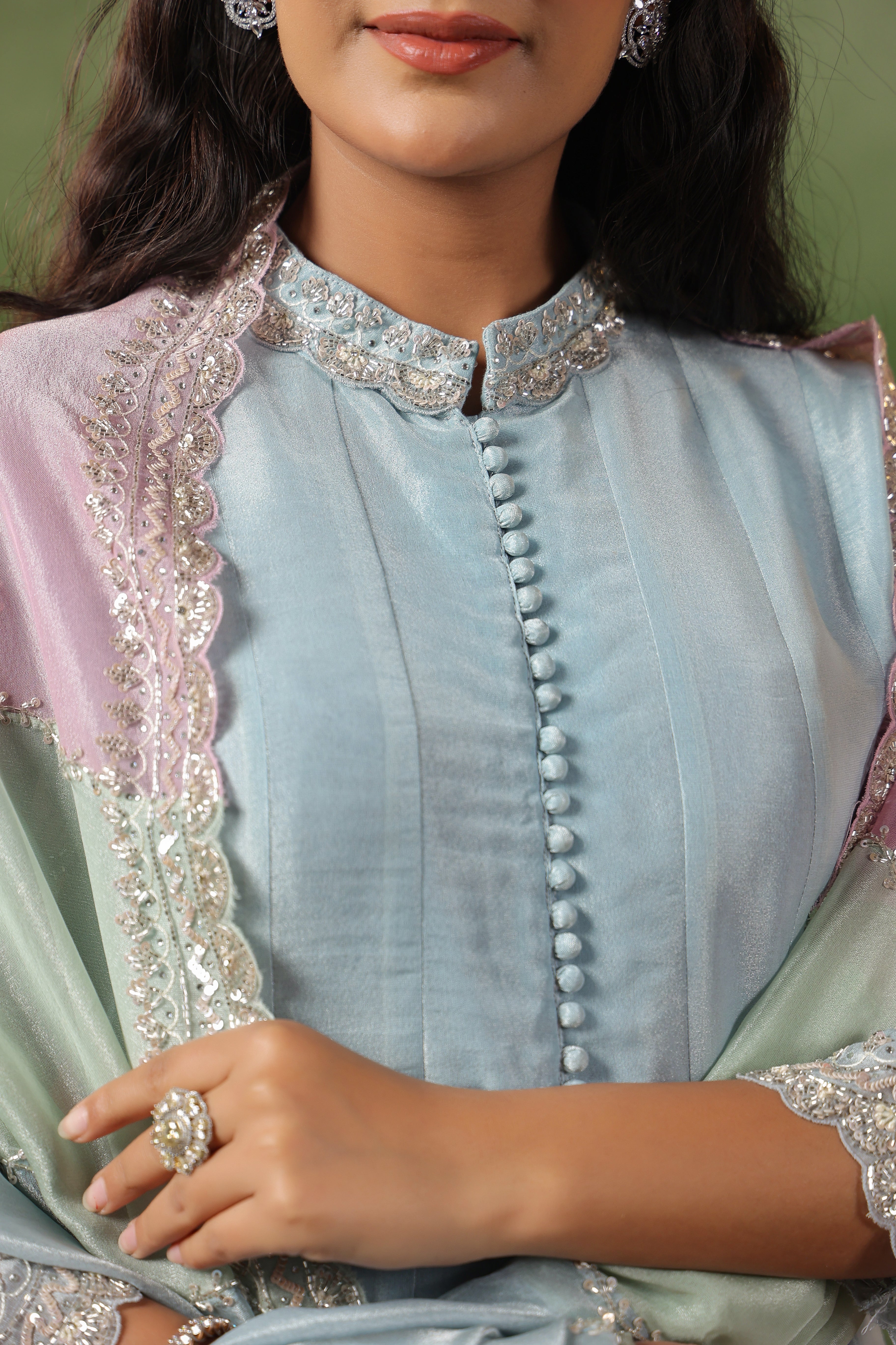 Sky Blue Embellished Tissue Silk Pant Set