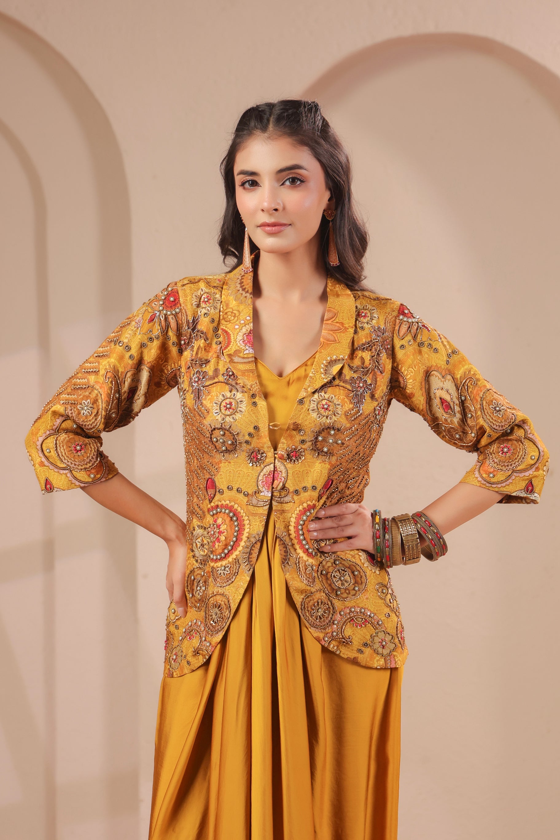 Golden Ochre Embellished Dola Silk Dress