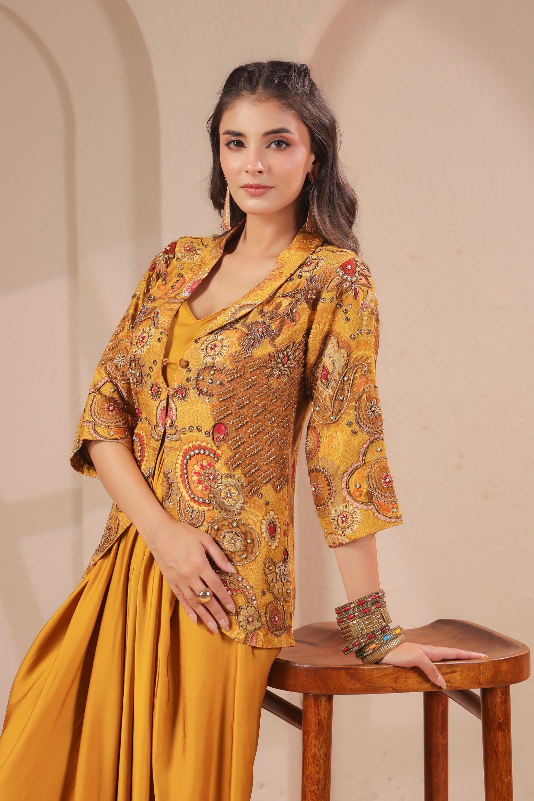 Golden Ochre Embellished Dola Silk Dress