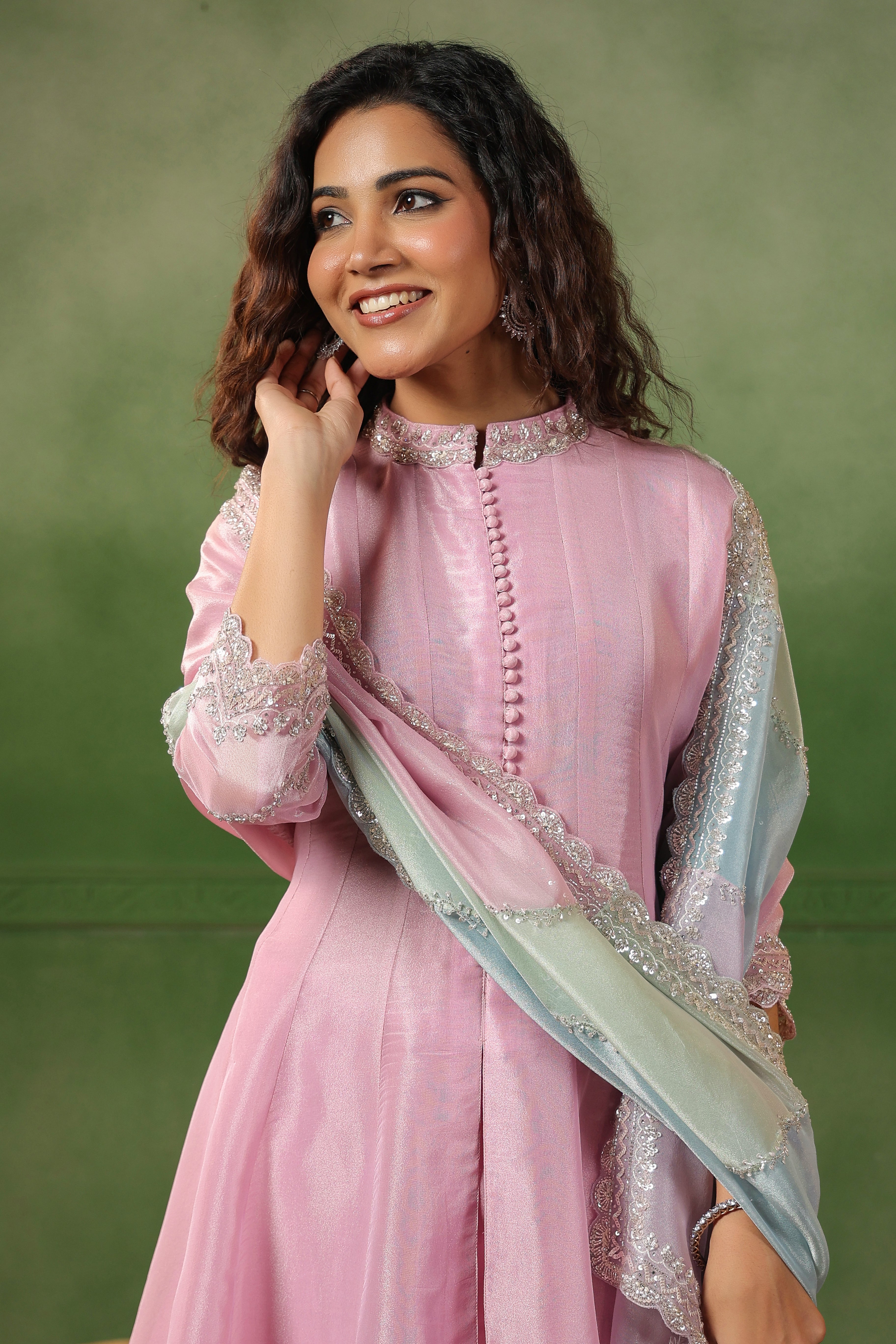 Pastel Pink Embellished Tissue Silk Pant Set