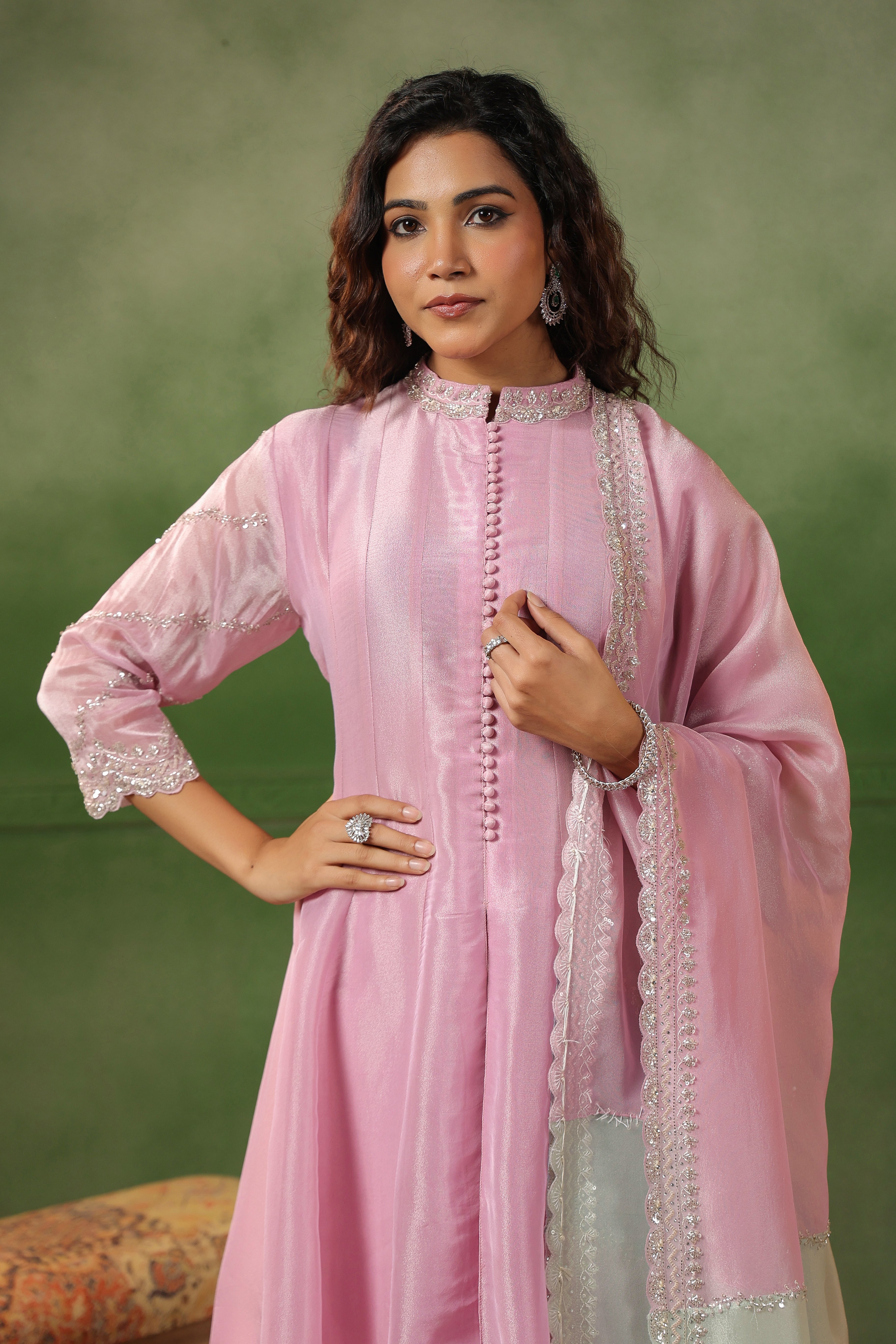 Pastel Pink Embellished Tissue Silk Pant Set