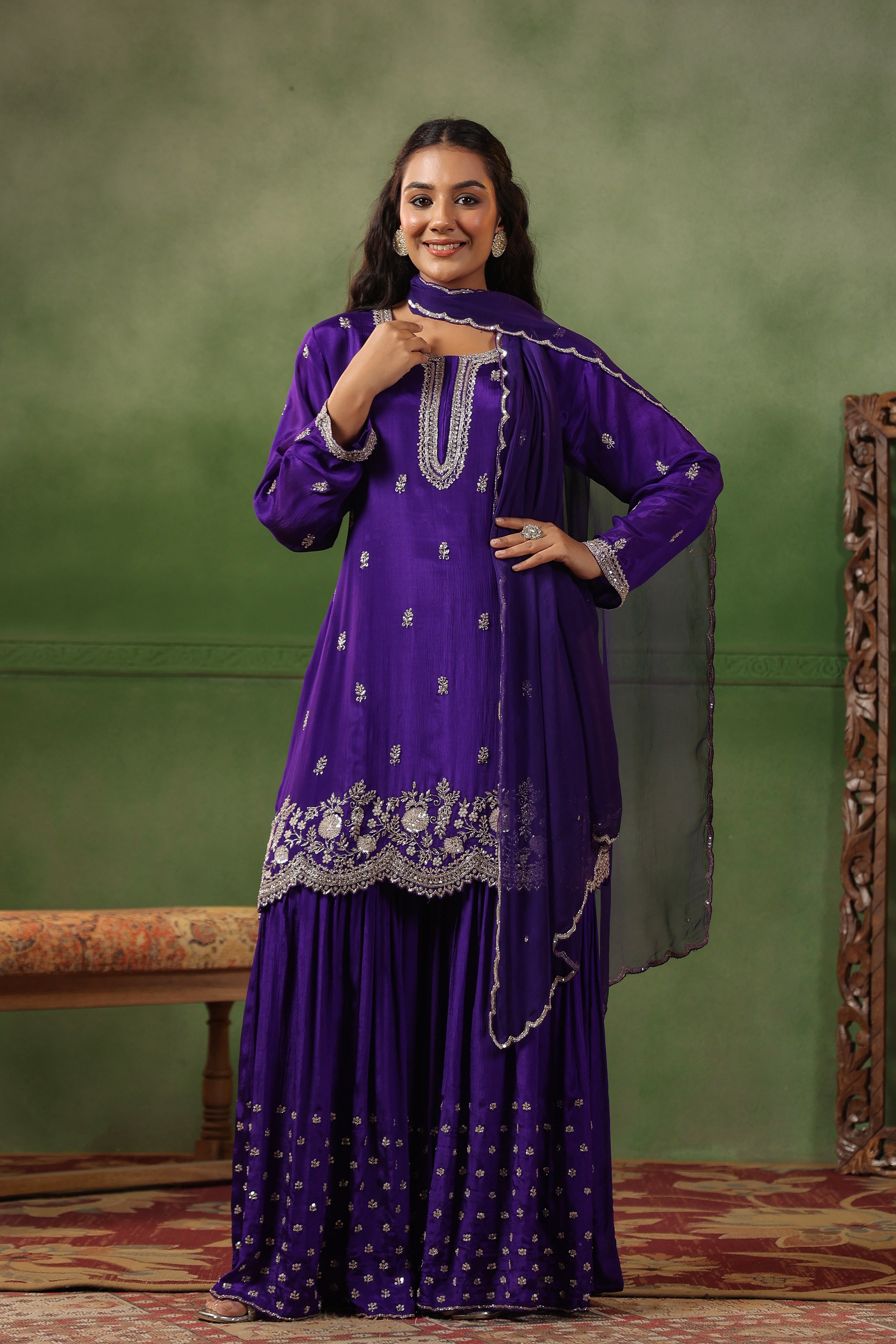 Royal Purple Embellished Chinon Silk Sharara Set
