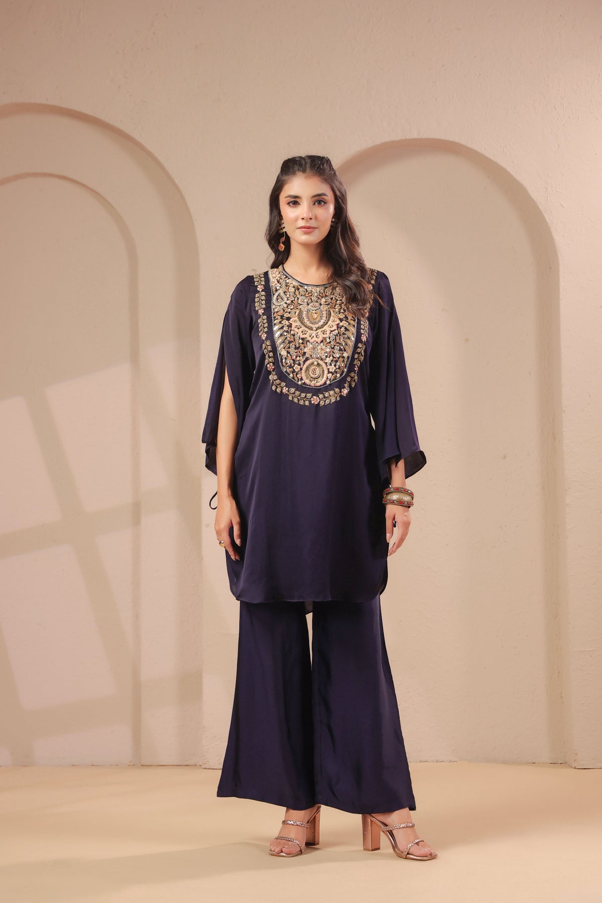 Midnight Navy Embellished Modal Silk Palazzo Set