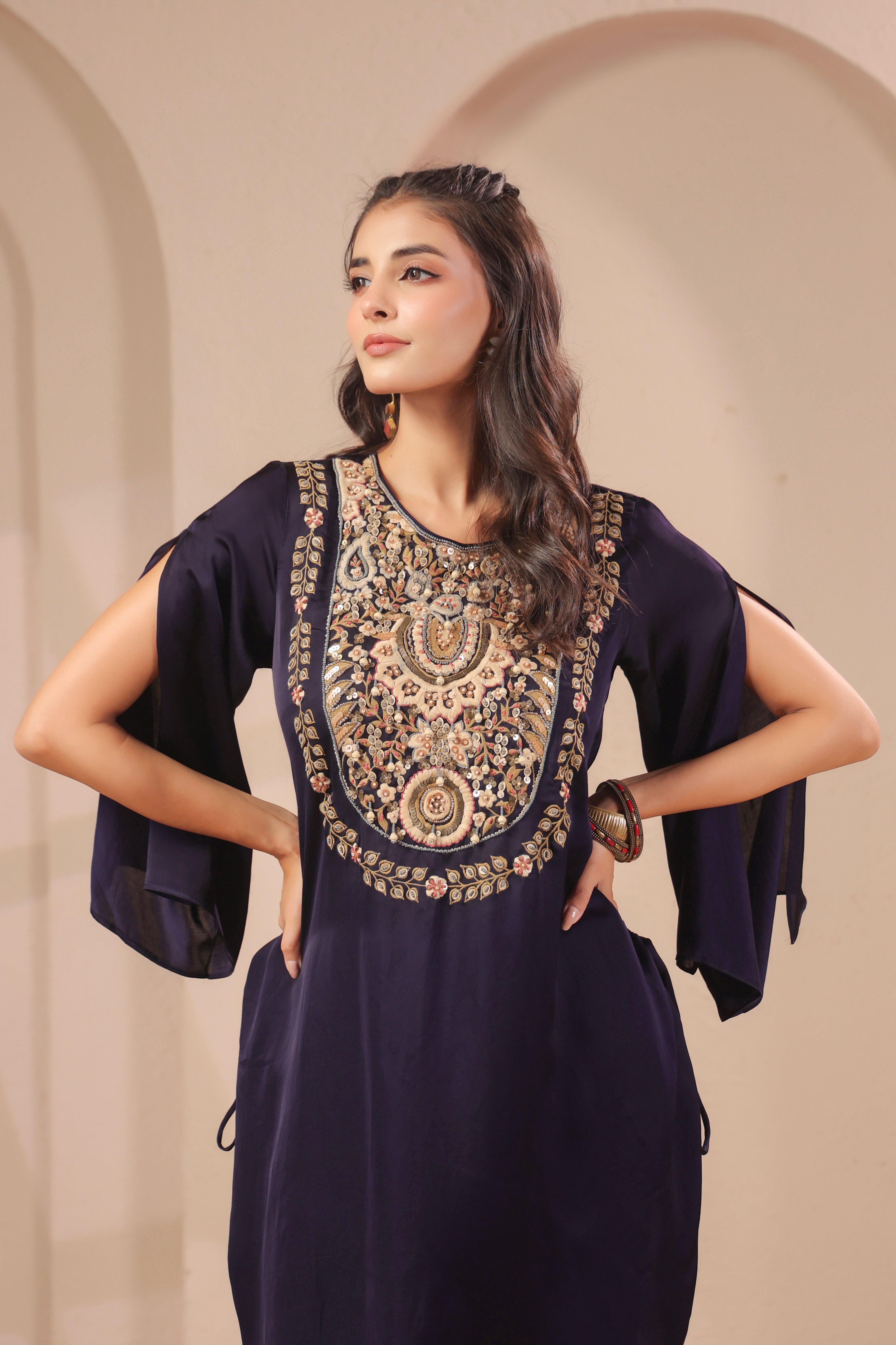 Midnight Navy Embellished Modal Silk Palazzo Set