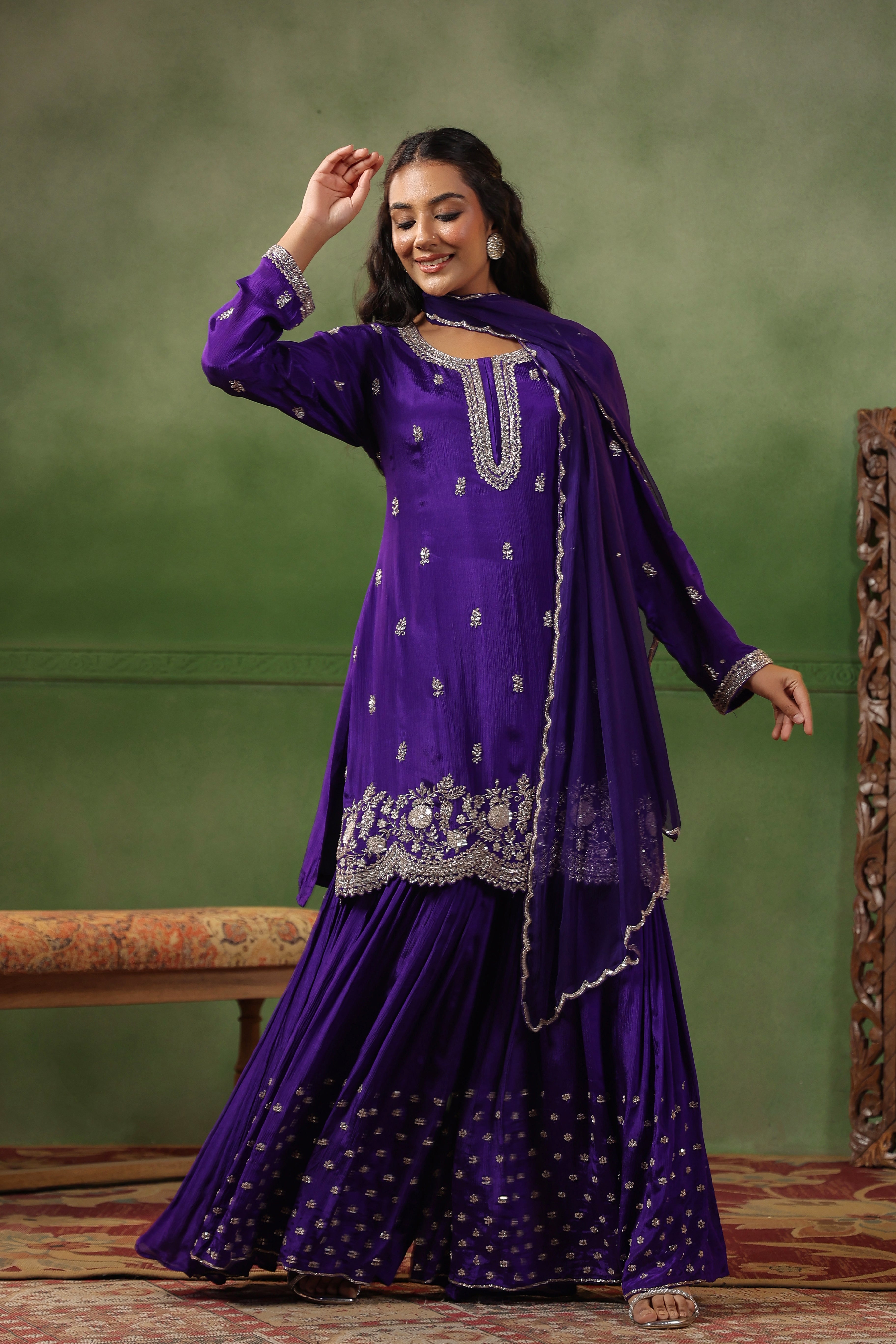 Royal Purple Embellished Chinon Silk Sharara Set