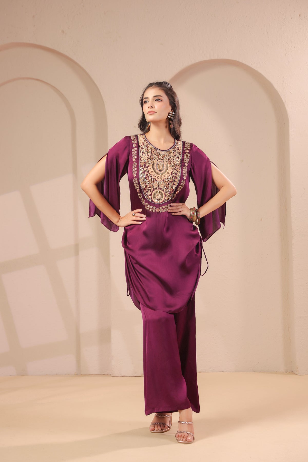 Wine Plum Embellished Modal Silk Palazzo Set