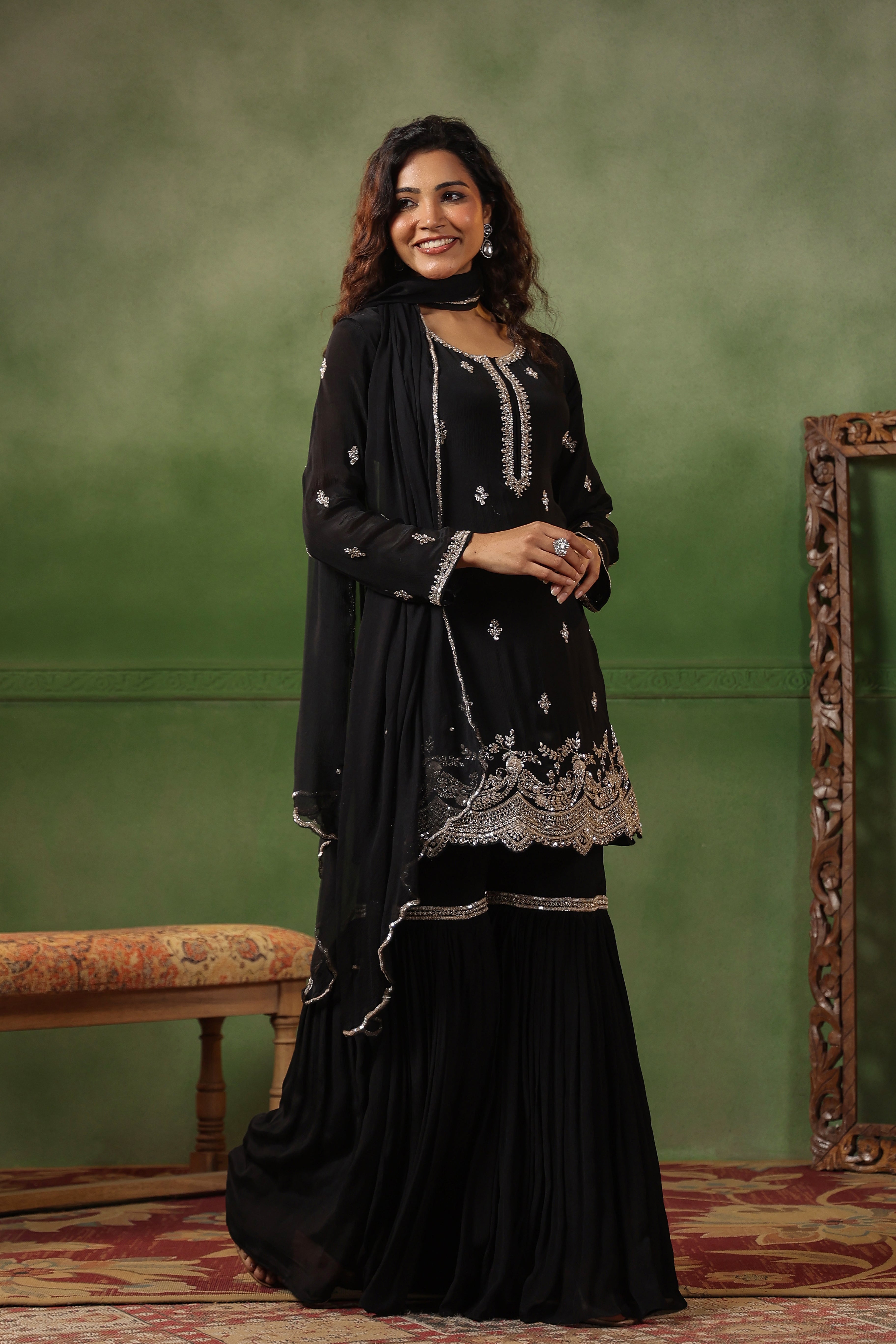 Classic Black Embellished Chinon Silk Sharara Set