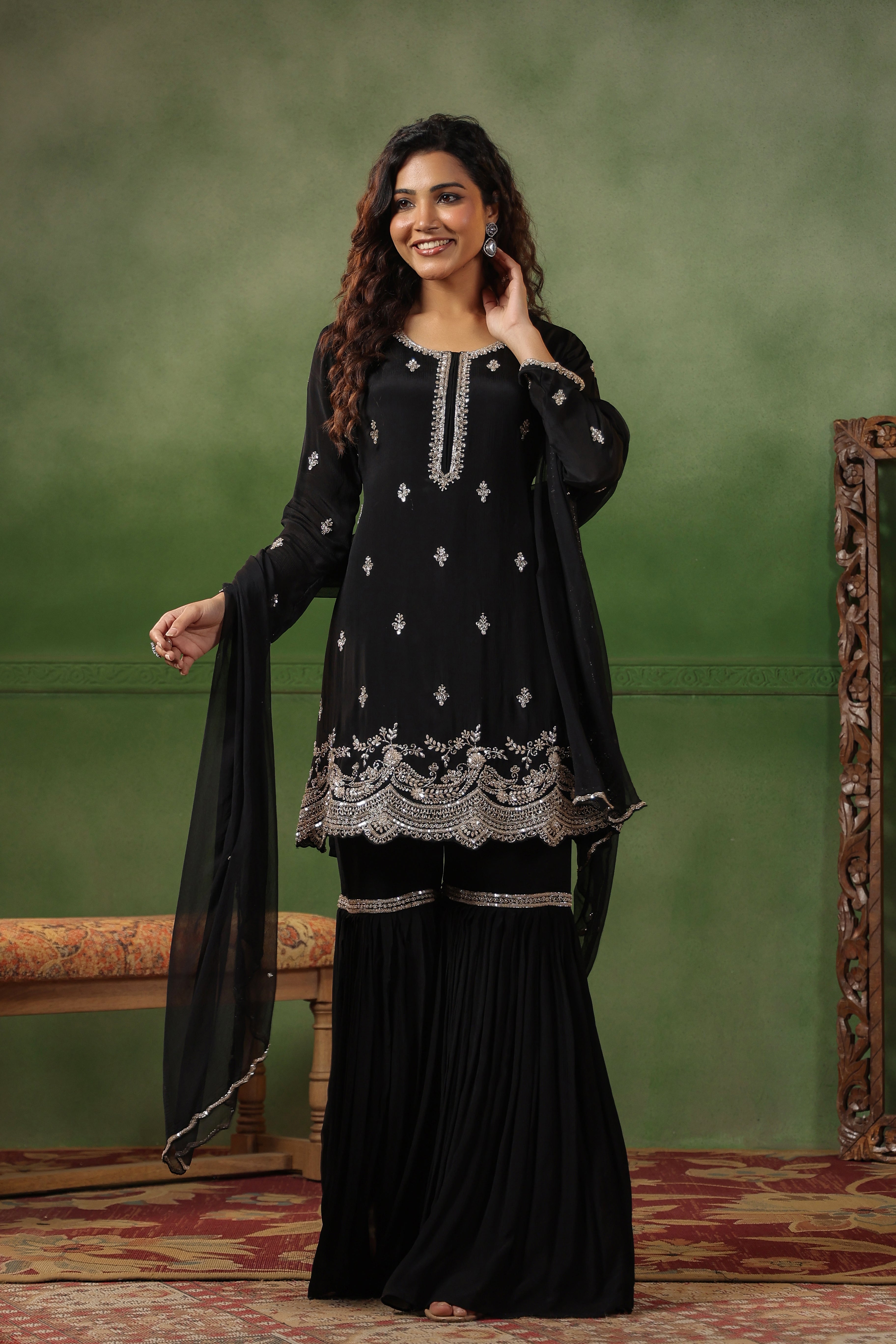 Classic Black Embellished Chinon Silk Sharara Set