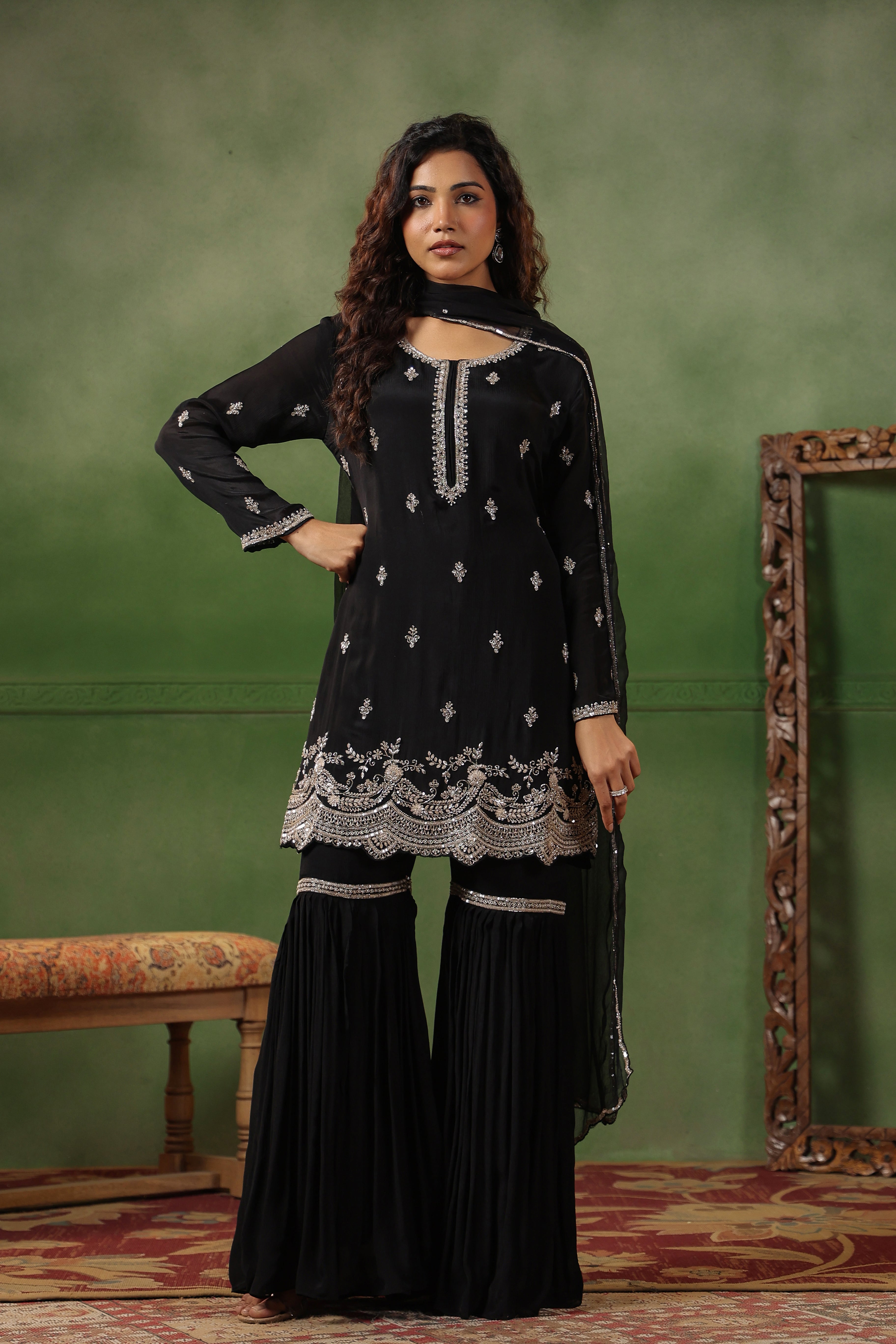 Classic Black Embellished Chinon Silk Sharara Set