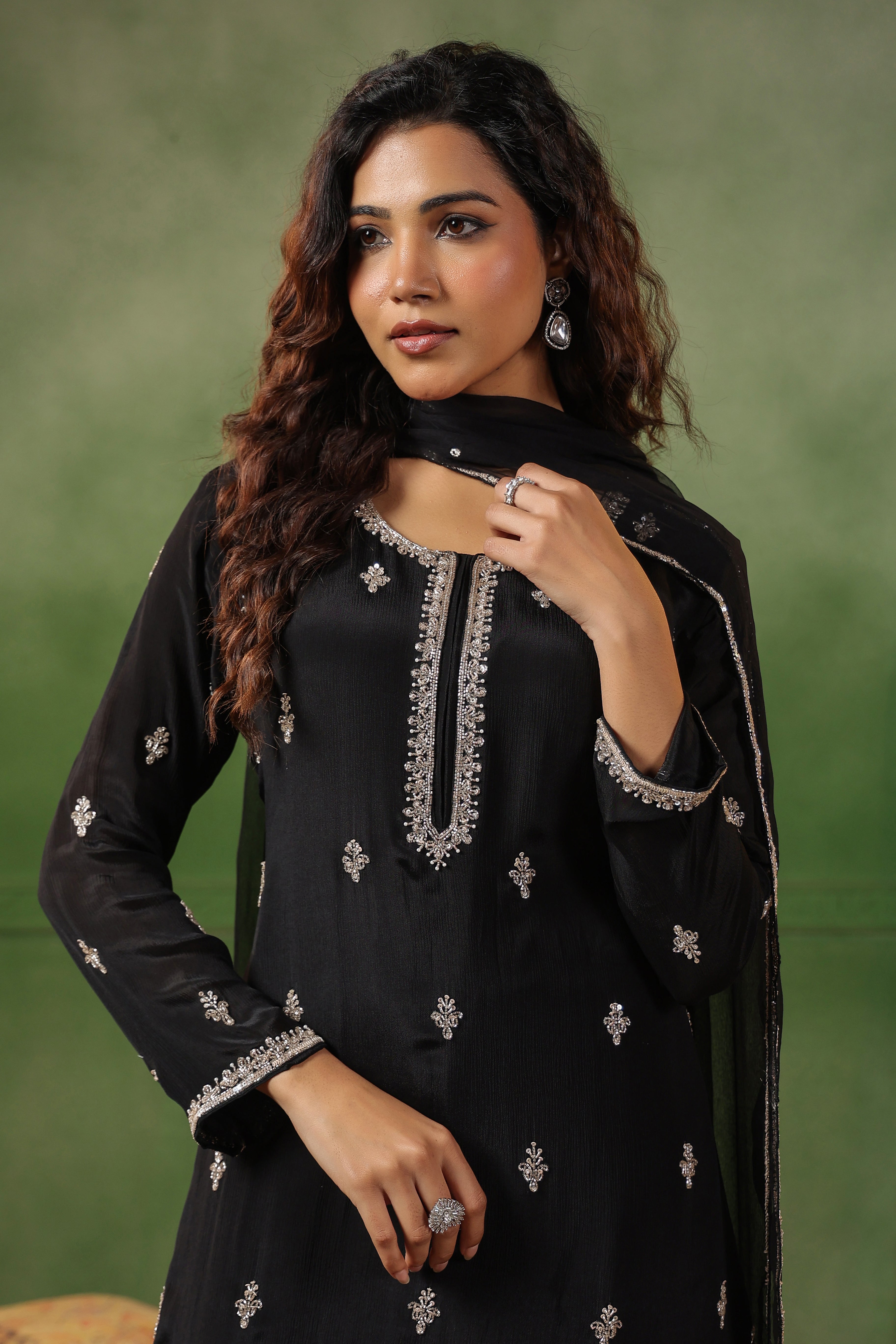 Classic Black Embellished Chinon Silk Sharara Set