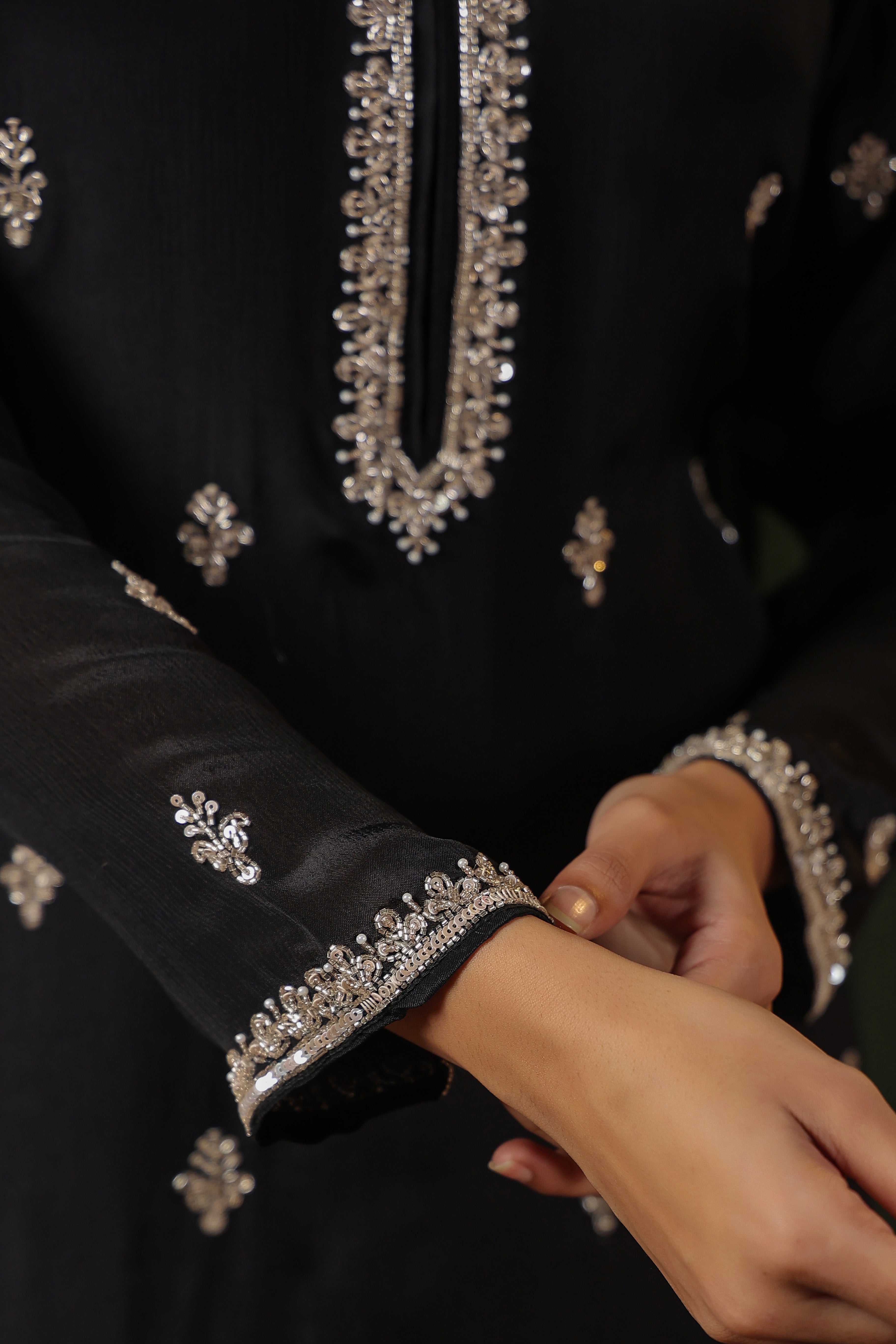 Classic Black Embellished Chinon Silk Sharara Set